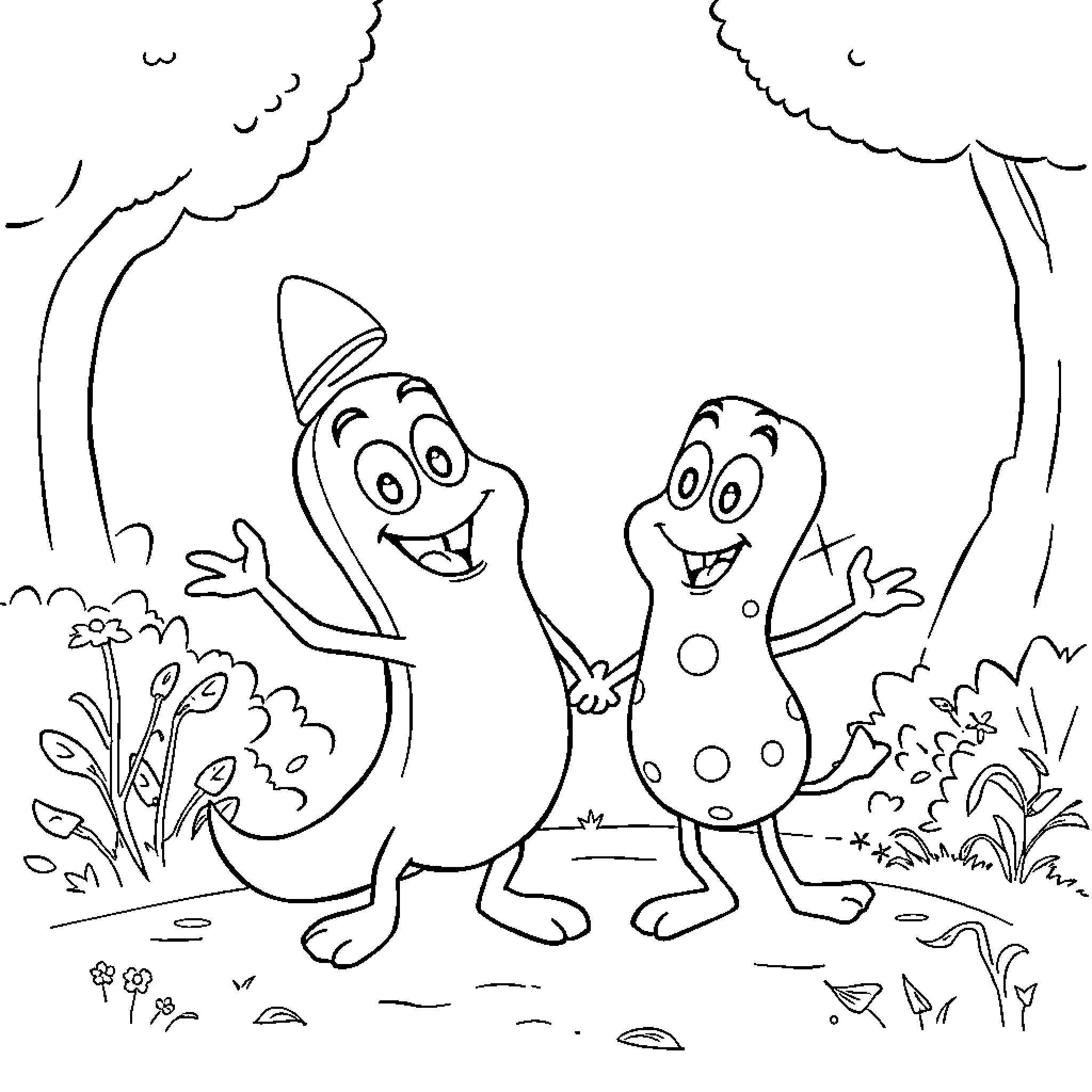 Pickle Characters Happily Exploring Outdoors Coloring Page (free black-and-white line drawing printable PDF for all, from beginners to advanced learners, including children, teens, adults, and seniors)