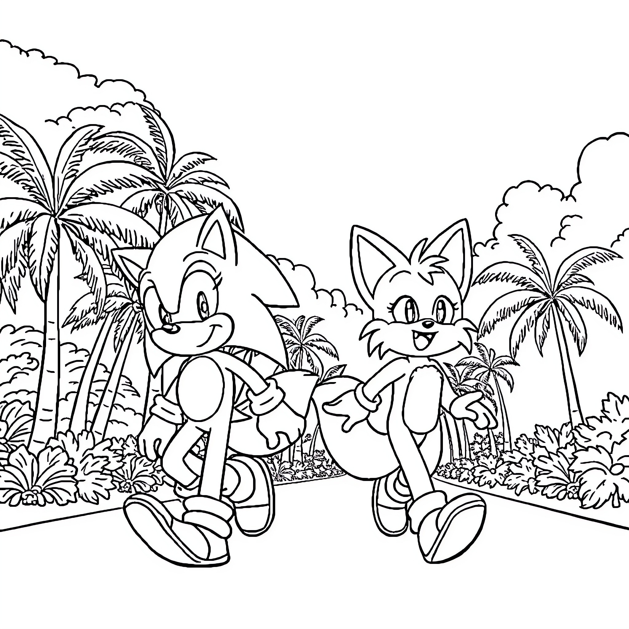 Sonic characters exploring tropical paradise Coloring Page (free black-and-white line drawing printable PDF for all, from beginners to advanced learners, including children, teens, adults, and seniors)