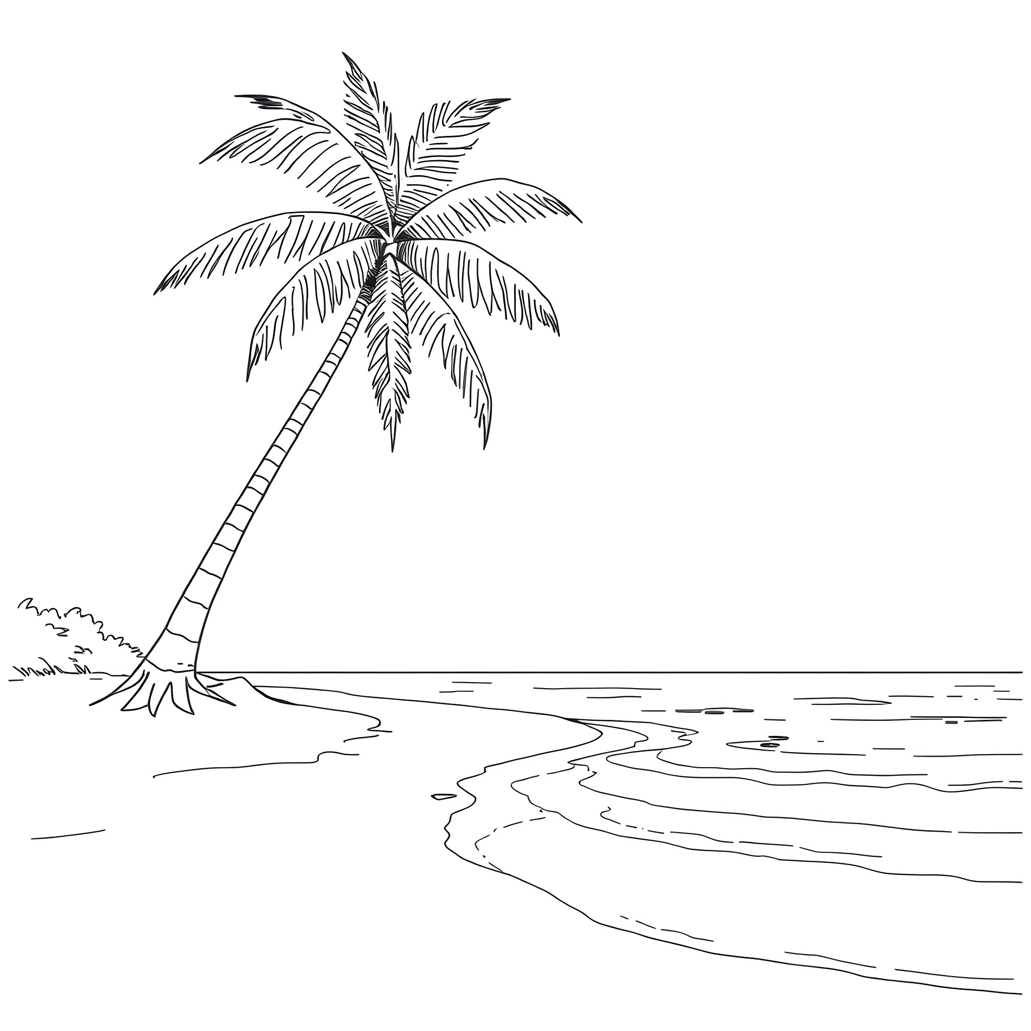 Palm Tree on a Tranquil Beach Coloring Page (free black-and-white line drawing printable PDF for all, from beginners to advanced learners, including children, teens, adults, and seniors)