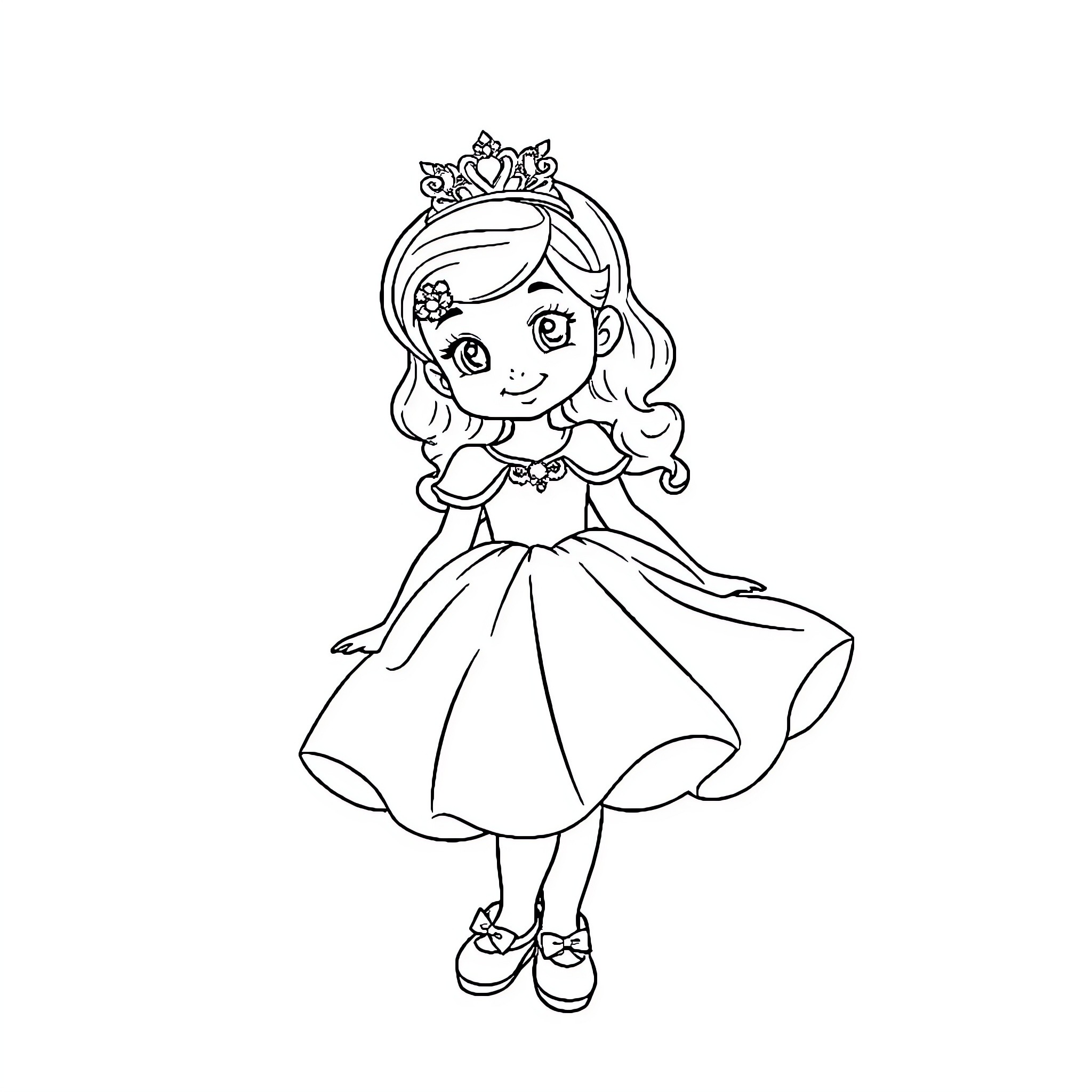 Princess in a Lovely Dress and Crown Coloring Page (free black-and-white line drawing printable PDF for all, from beginners to advanced learners, including children, teens, adults, and seniors)