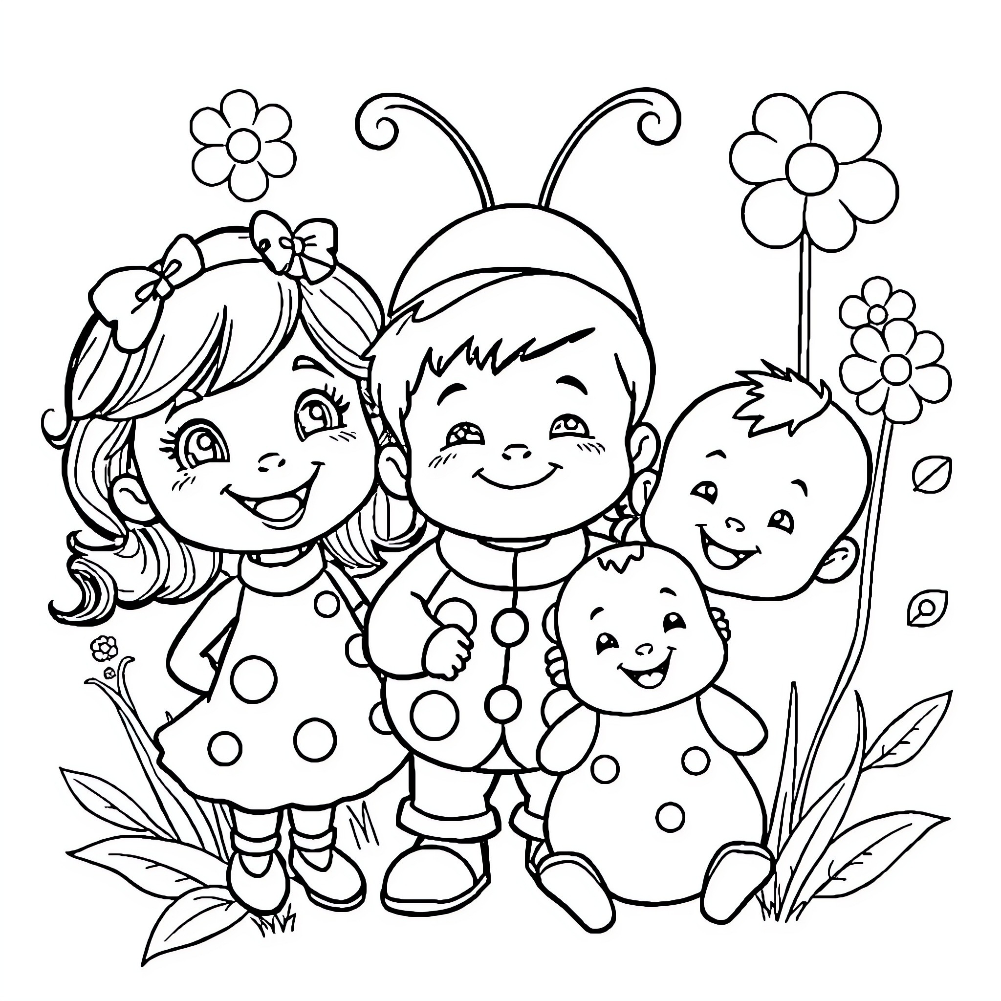 Ladybug friends enjoying a day in nature Coloring Page (free black-and-white line drawing printable PDF for all, from beginners to advanced learners, including children, teens, adults, and seniors)