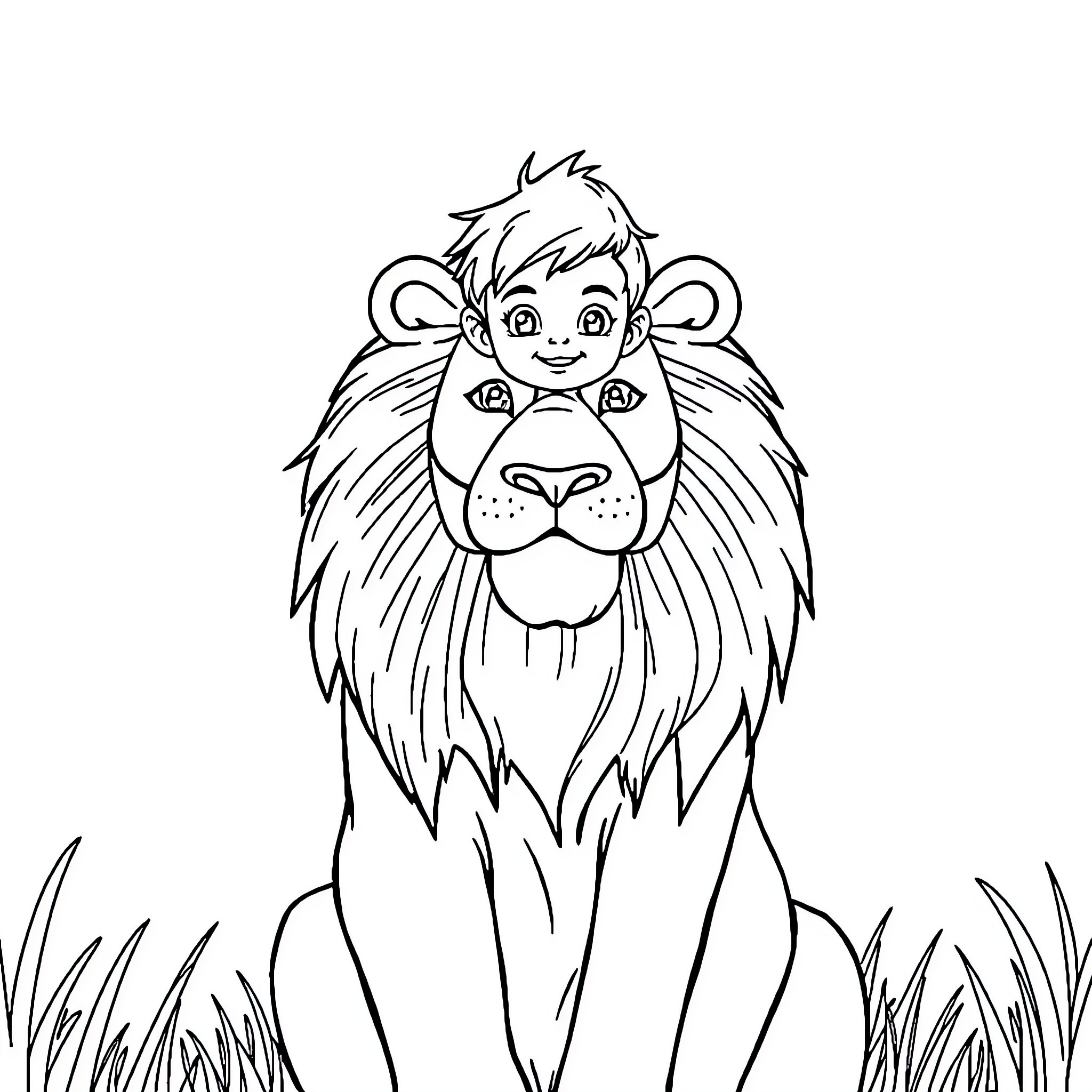 Boy Exploring the Jungle with Curious Lion Coloring Page (free black-and-white line drawing printable PDF for all, from beginners to advanced learners, including children, teens, adults, and seniors)