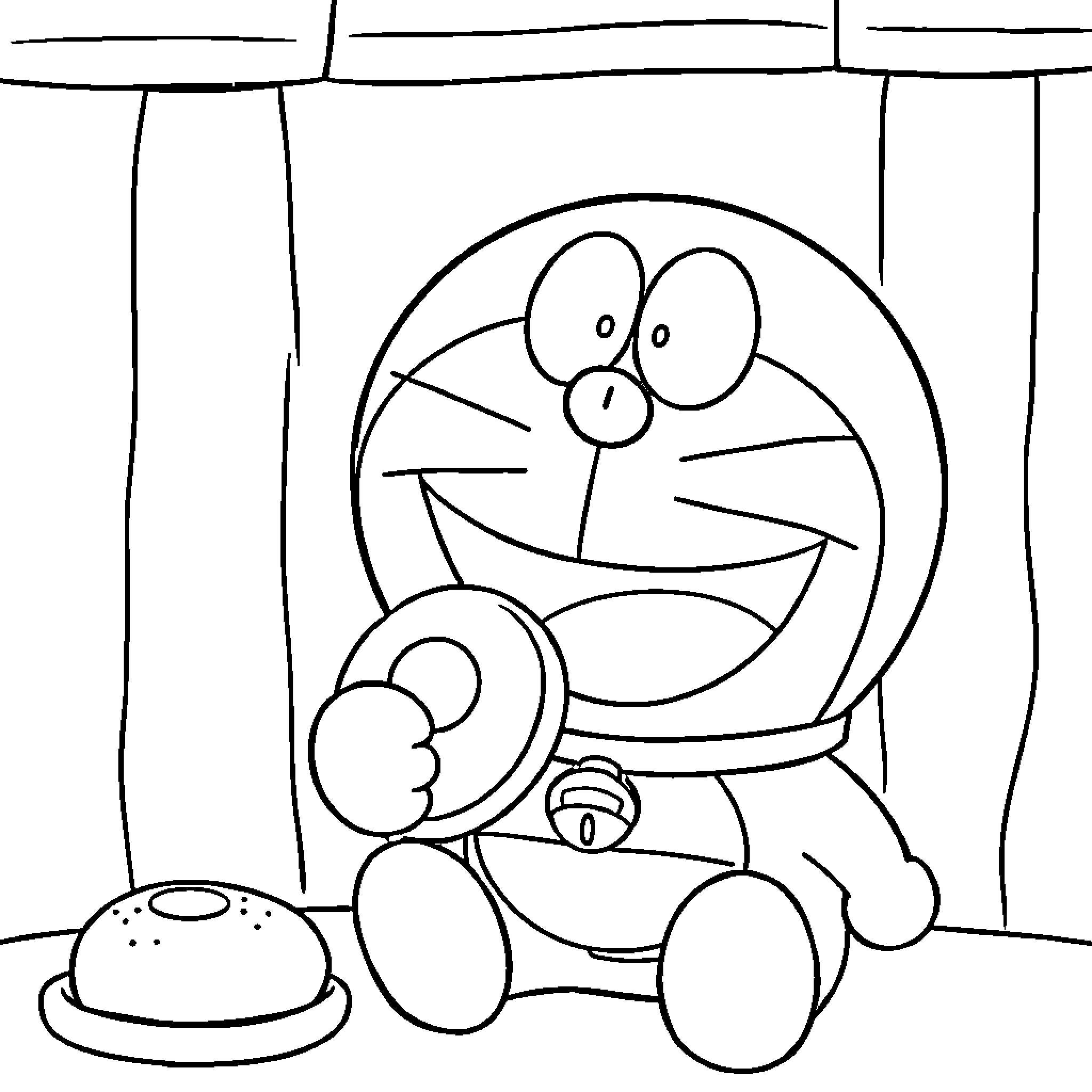 Doraemon playing with gadgets and snacks Coloring Page (free black-and-white line drawing printable PDF for all, from beginners to advanced learners, including children, teens, adults, and seniors)