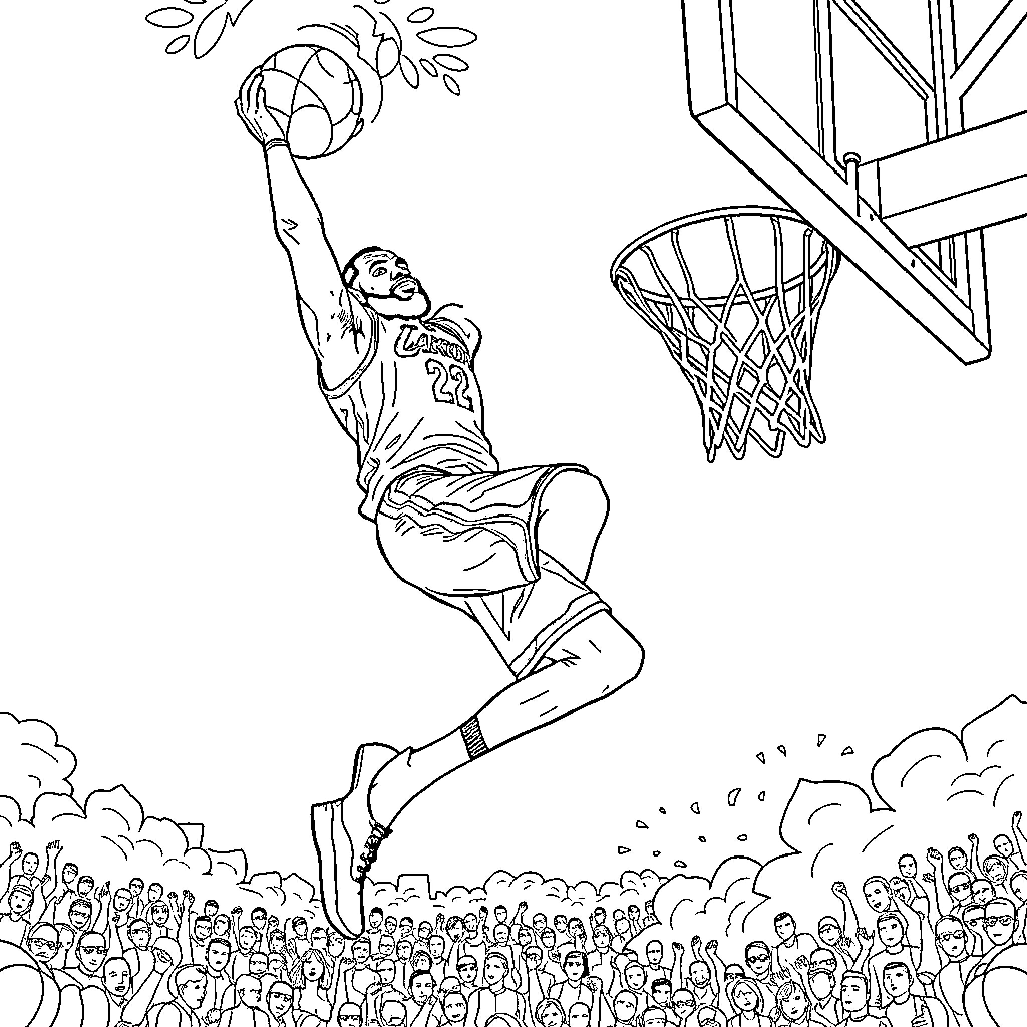 LeBron James slam dunking basketball in crowded arena Coloring Page (free black-and-white line drawing printable PDF for all, from beginners to advanced learners, including children, teens, adults, and seniors)