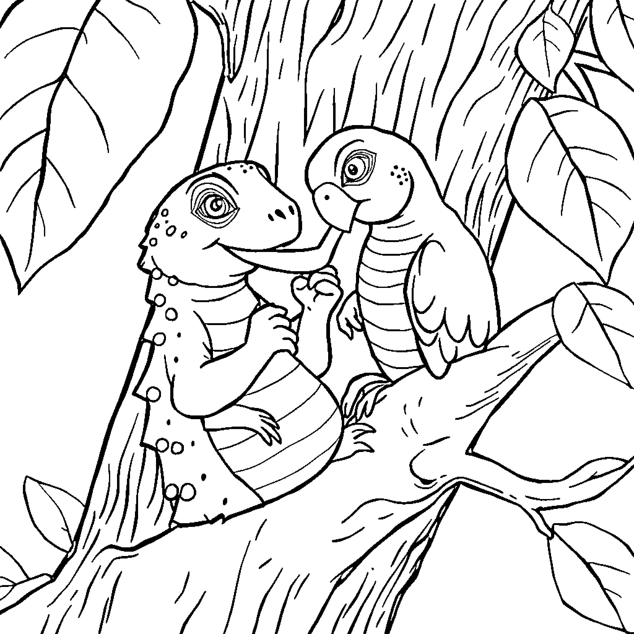 Escarabajo Duo Exploring Leafy Hideaway Coloring Page (free black-and-white line drawing printable PDF for all, from beginners to advanced learners, including children, teens, adults, and seniors)