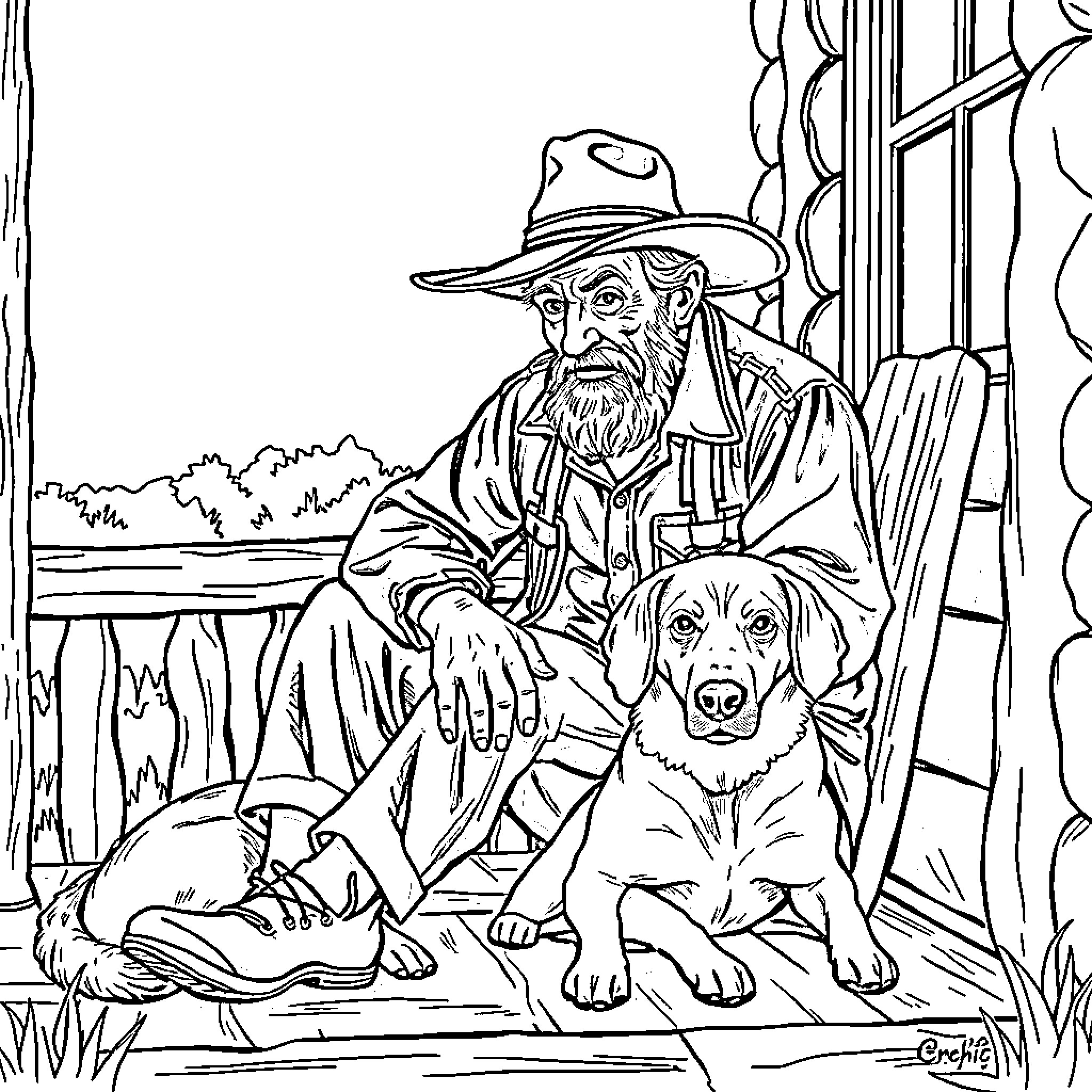 Hillbilly man relaxing with his loyal dog on the porch Coloring Page (free black-and-white line drawing printable PDF for all, from beginners to advanced learners, including children, teens, adults, and seniors)