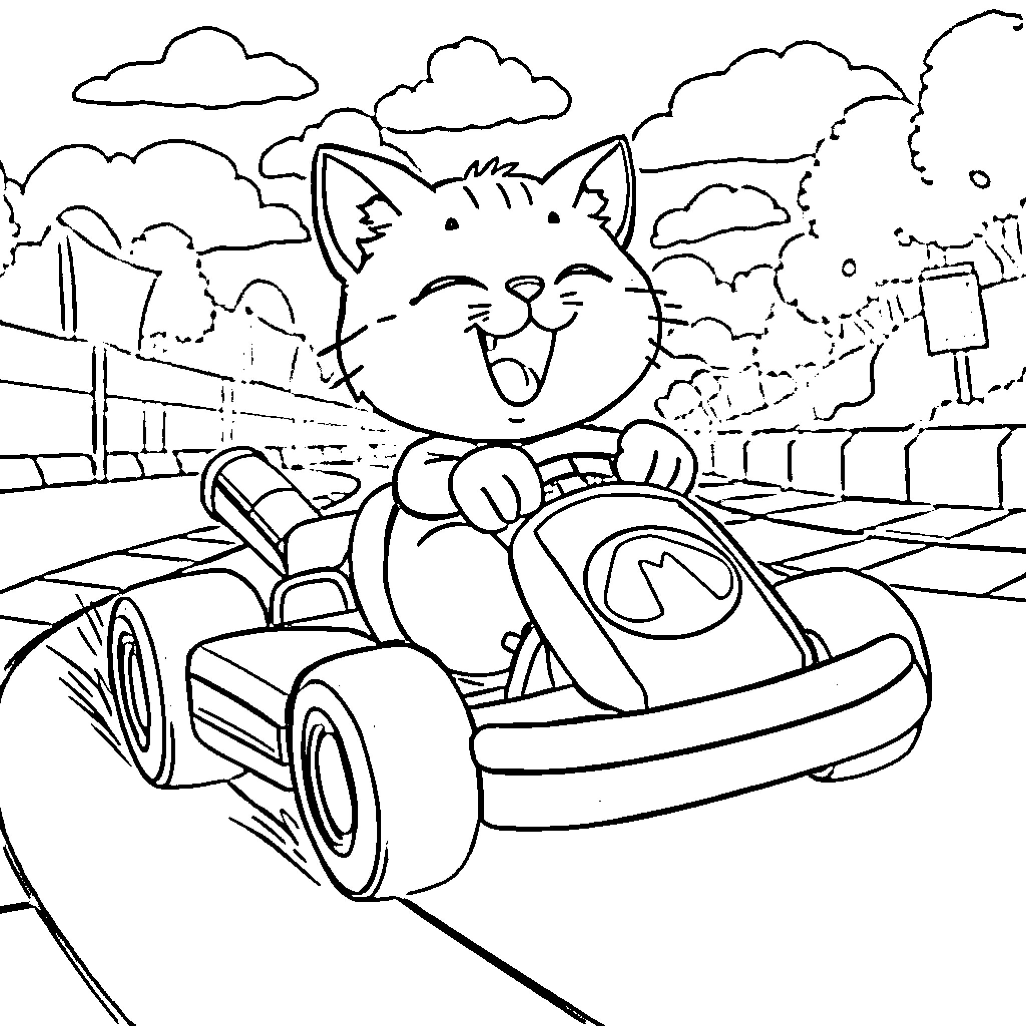 Kawaii Cat racing in a kart on the track Coloring Page (free black-and-white line drawing printable PDF for all, from beginners to advanced learners, including children, teens, adults, and seniors)