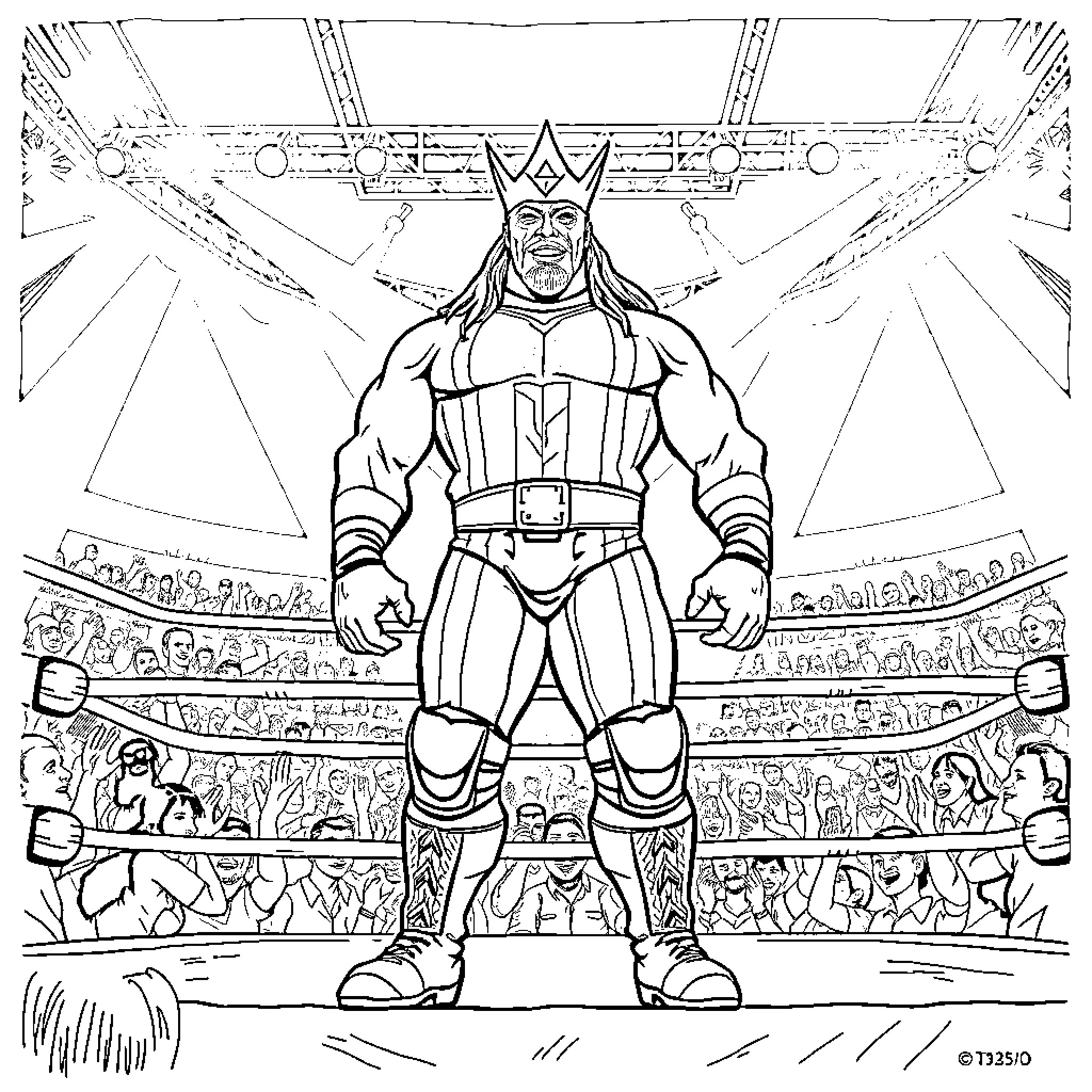 El Grande Americano Wrestler Performs for the Crowd Coloring Page (free black-and-white line drawing printable PDF for all, from beginners to advanced learners, including children, teens, adults, and seniors)
