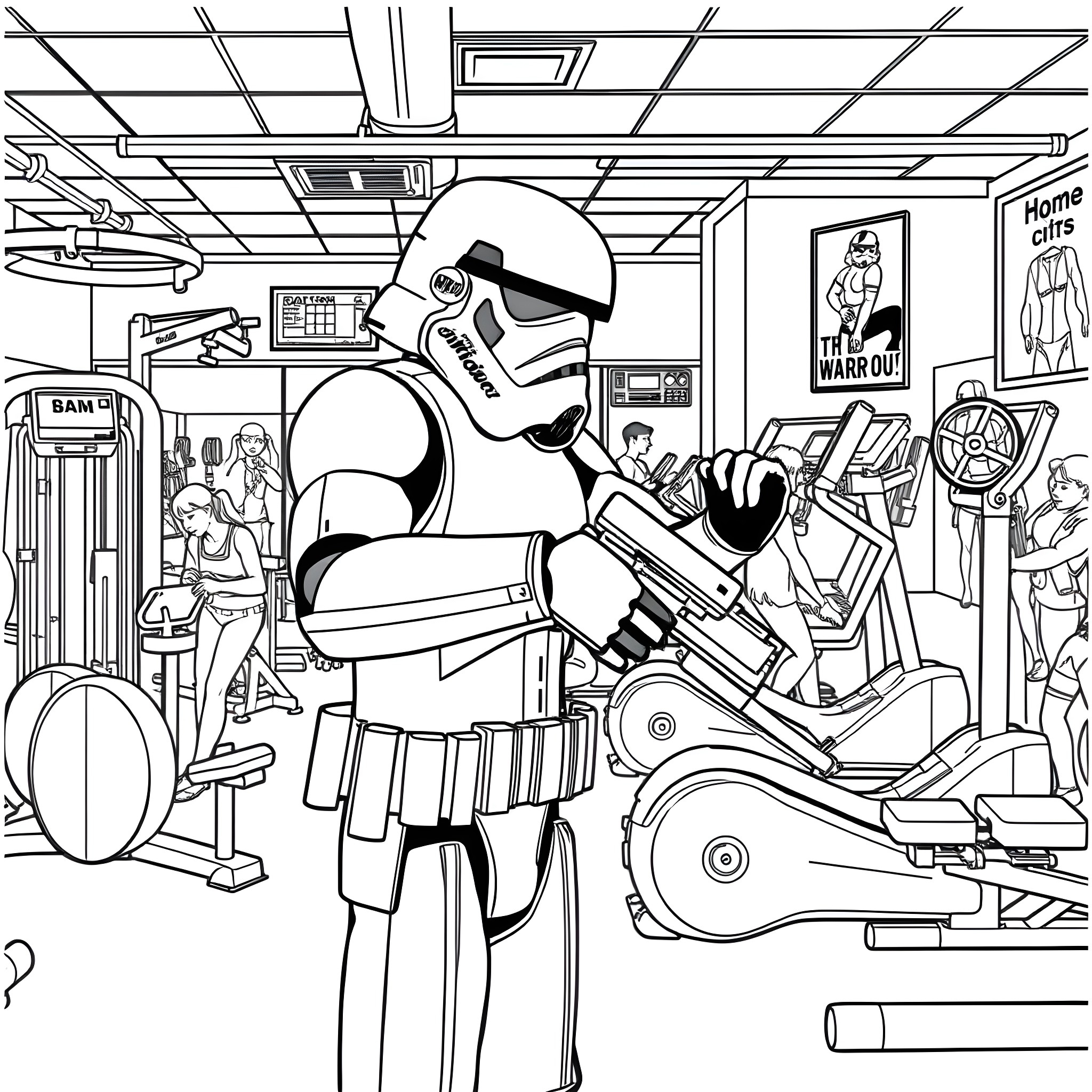 Stormtrooper patrolling futuristic military facility Coloring Page (free black-and-white line drawing printable PDF for all, from beginners to advanced learners, including children, teens, adults, and seniors)