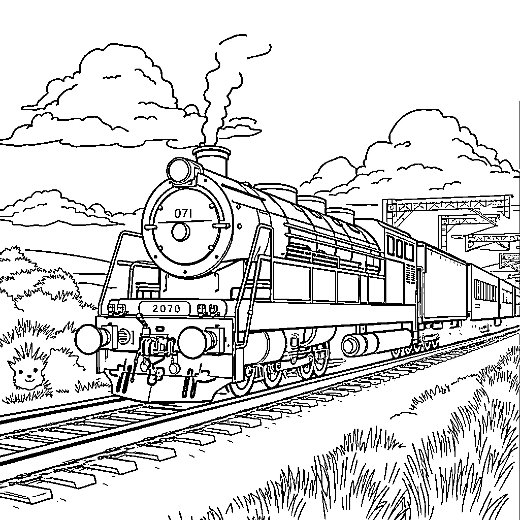 Locomotive Transporting Passengers through Countryside Coloring Page (free black-and-white line drawing printable PDF for all, from beginners to advanced learners, including children, teens, adults, and seniors)