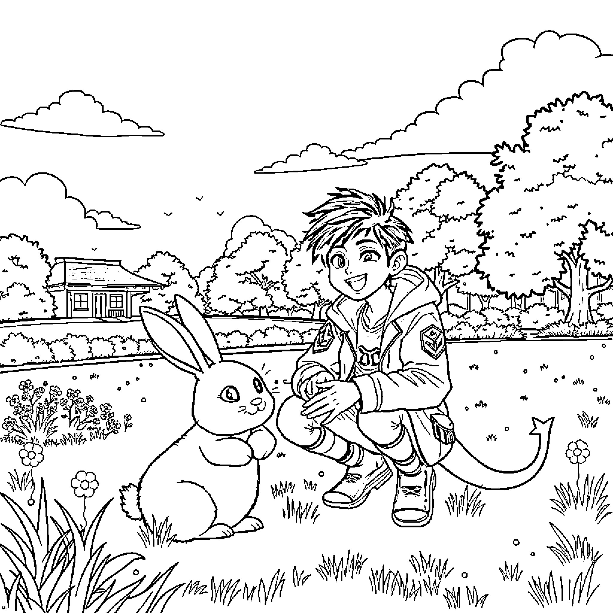 Demon Hunter and the Friendly Rabbit in Nature Coloring Page (free black-and-white line drawing printable PDF for all, from beginners to advanced learners, including children, teens, adults, and seniors)