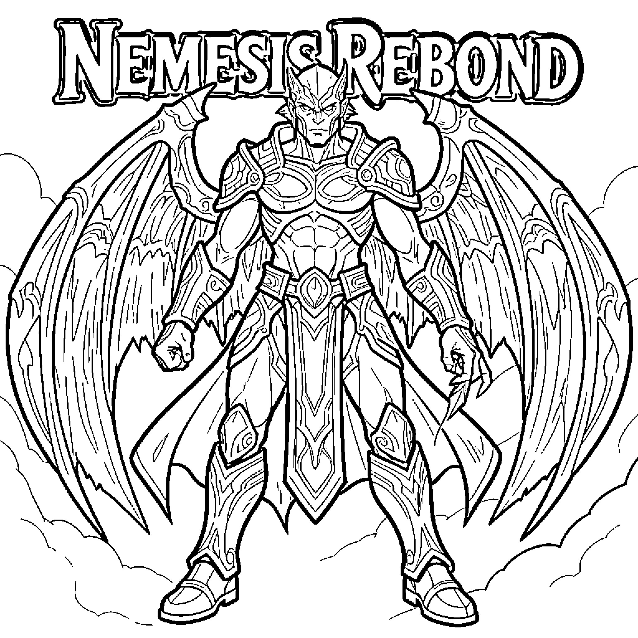 Nemesis: Winged Warrior's Triumphant Pose Coloring Page (free black-and-white line drawing printable PDF for all, from beginners to advanced learners, including children, teens, adults, and seniors)