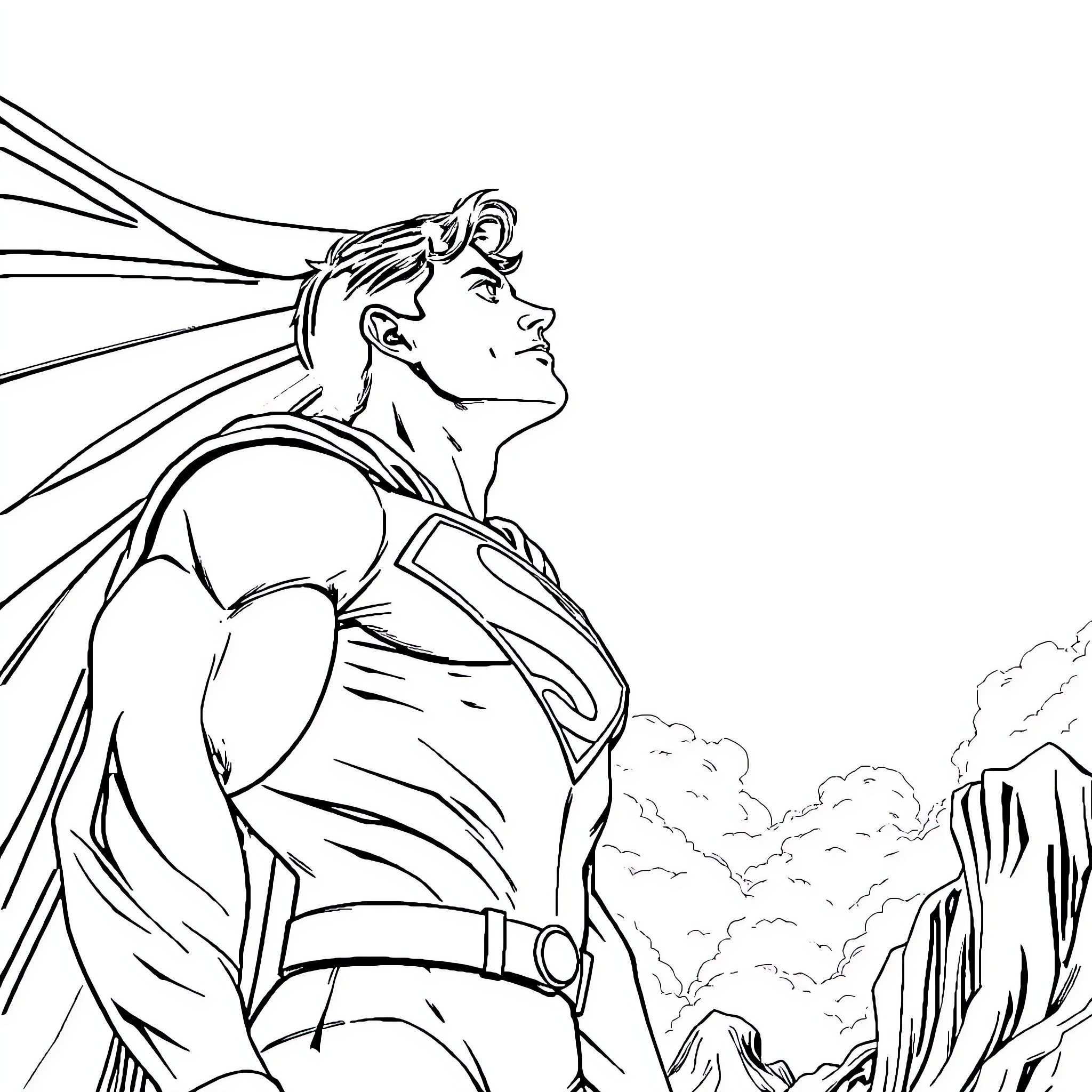 Superman in heroic pose against cloudy backdrop Coloring Page (free black-and-white line drawing printable PDF for all, from beginners to advanced learners, including children, teens, adults, and seniors)