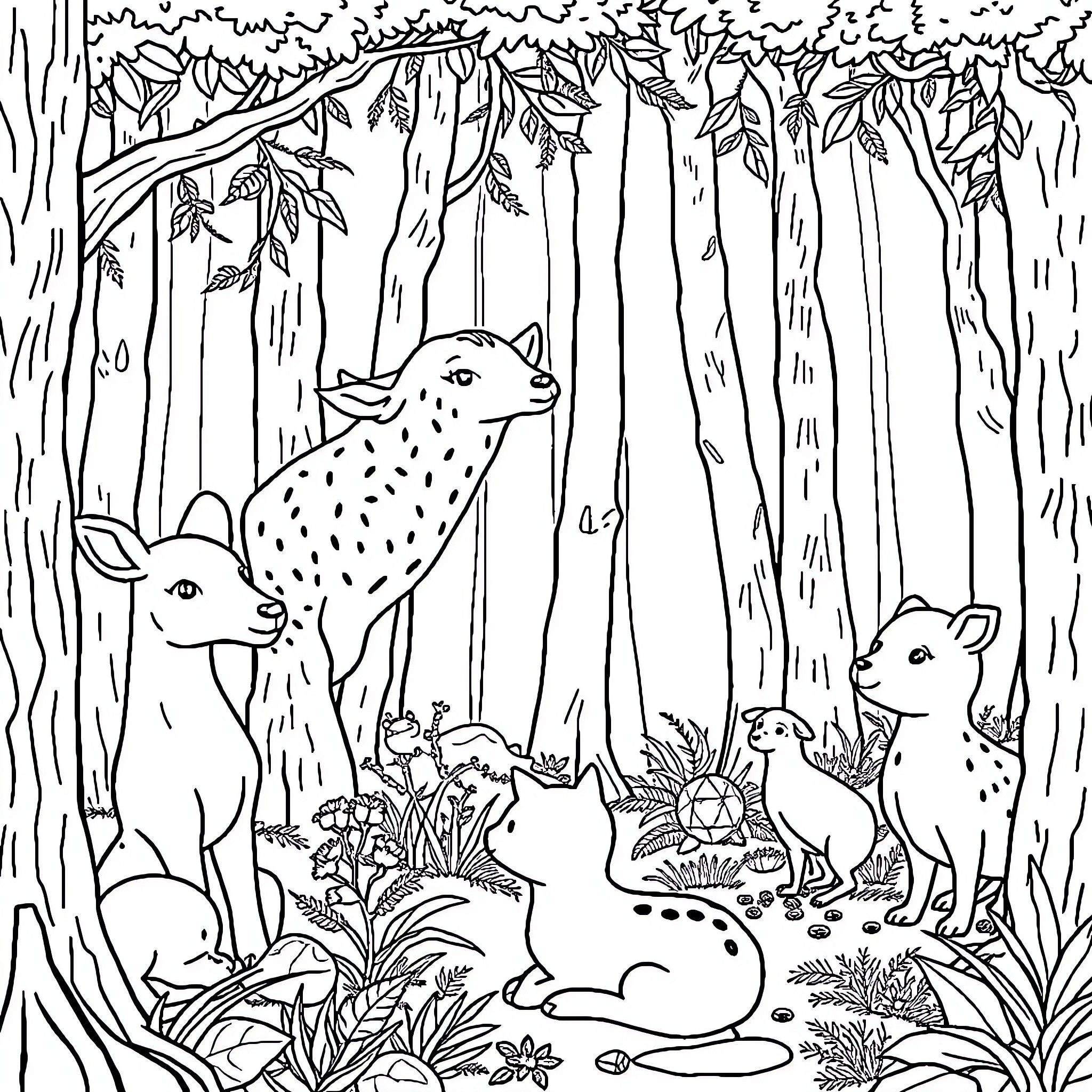 Animal family exploring dense forest wilderness Coloring Page (free black-and-white line drawing printable PDF for all, from beginners to advanced learners, including children, teens, adults, and seniors)
