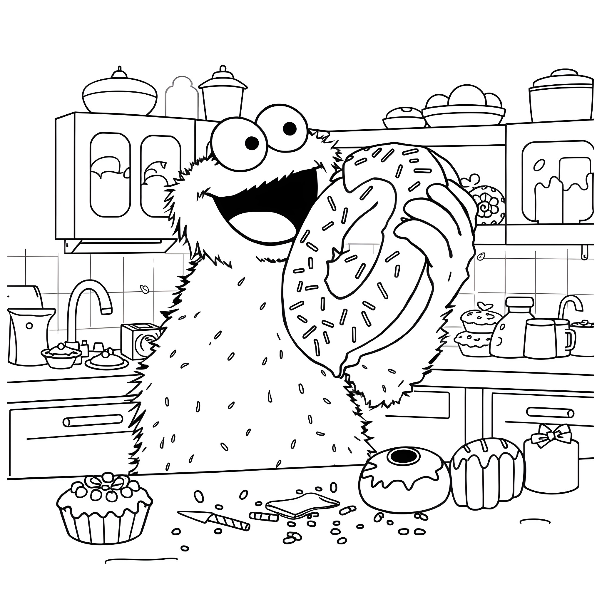 Cookie Monster eating sweets in the kitchen Coloring Page (free black-and-white line drawing printable PDF for all, from beginners to advanced learners, including children, teens, adults, and seniors)