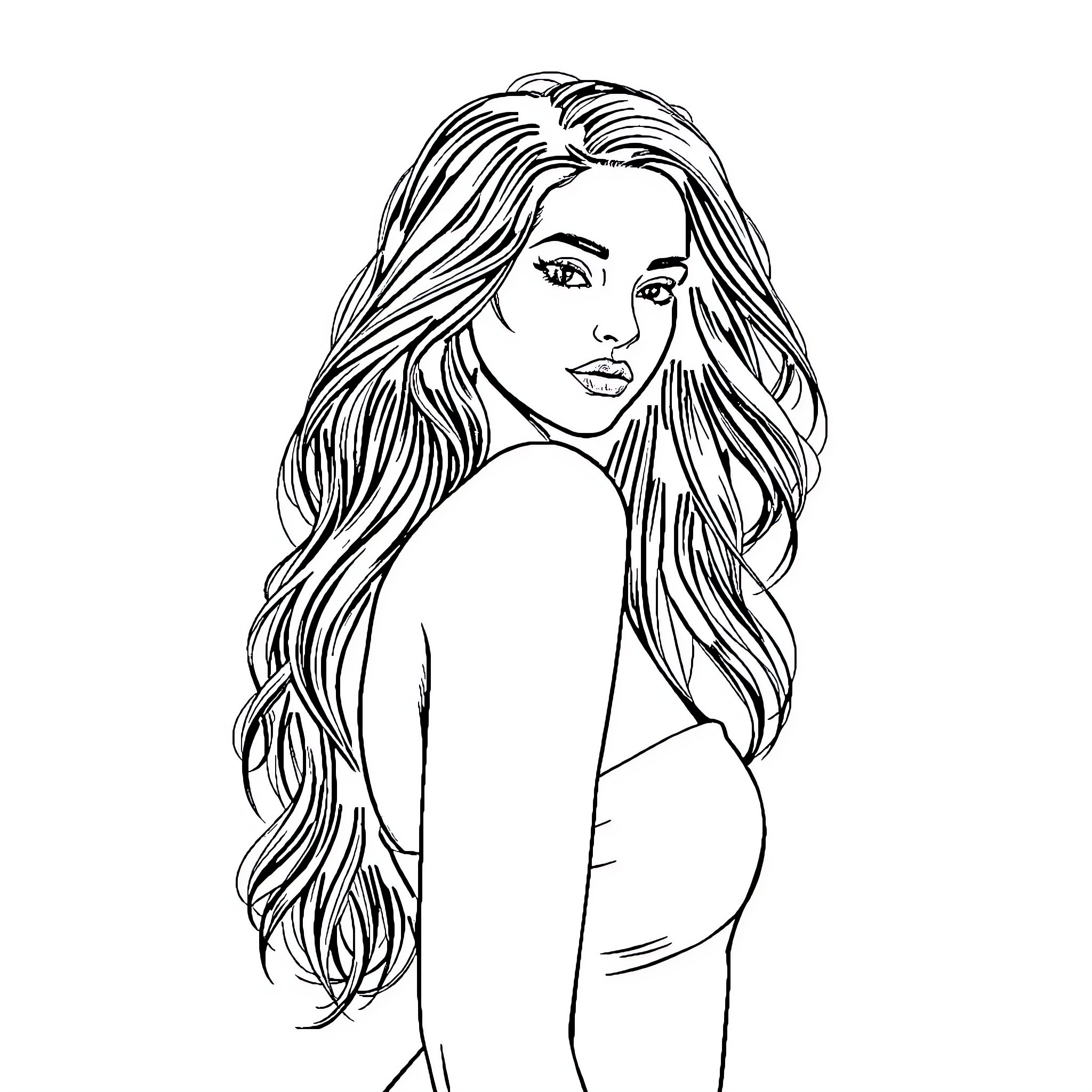 Woman with long, flowing hair Coloring Page (free black-and-white line drawing printable PDF for all, from beginners to advanced learners, including children, teens, adults, and seniors)