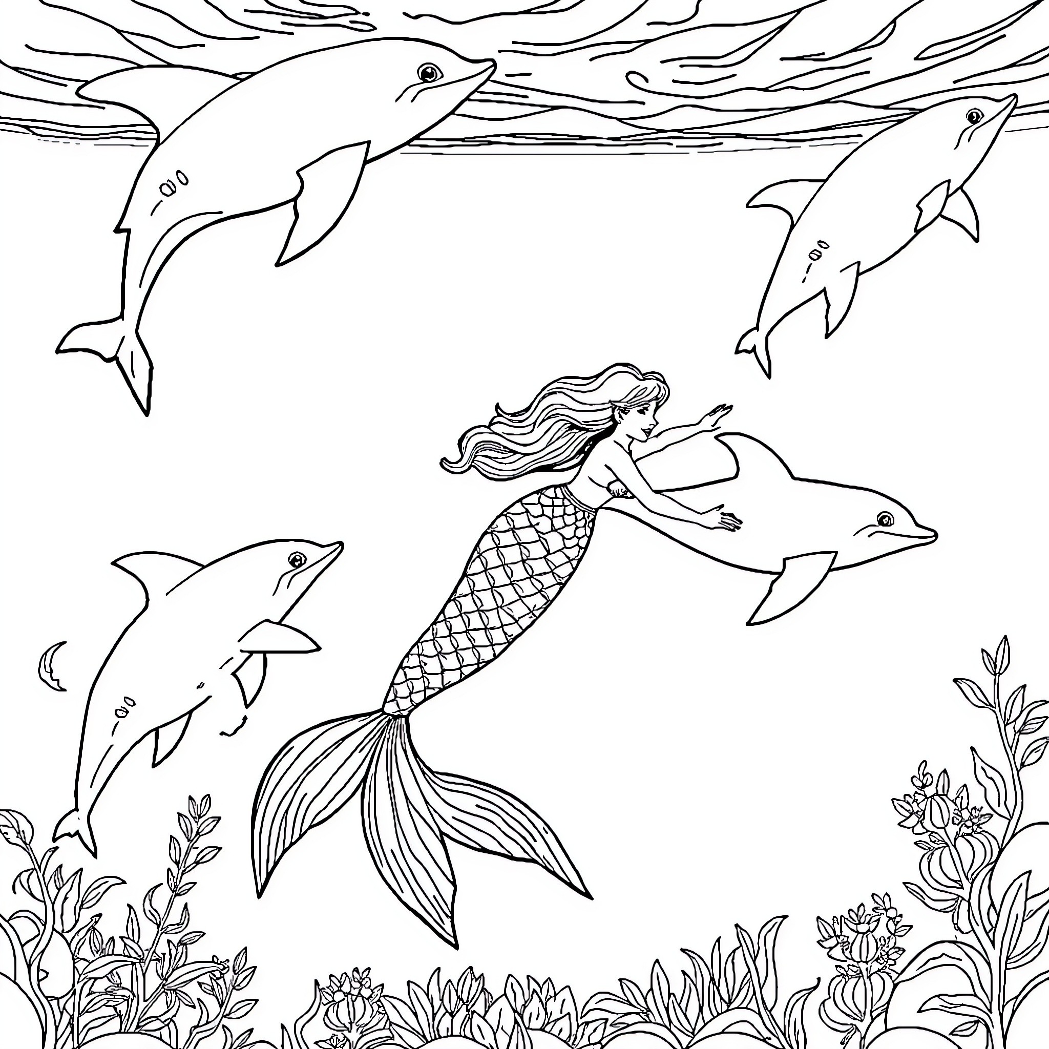 Mermaid swimming among playful dolphins Coloring Page (free black-and-white line drawing printable PDF for all, from beginners to advanced learners, including children, teens, adults, and seniors)