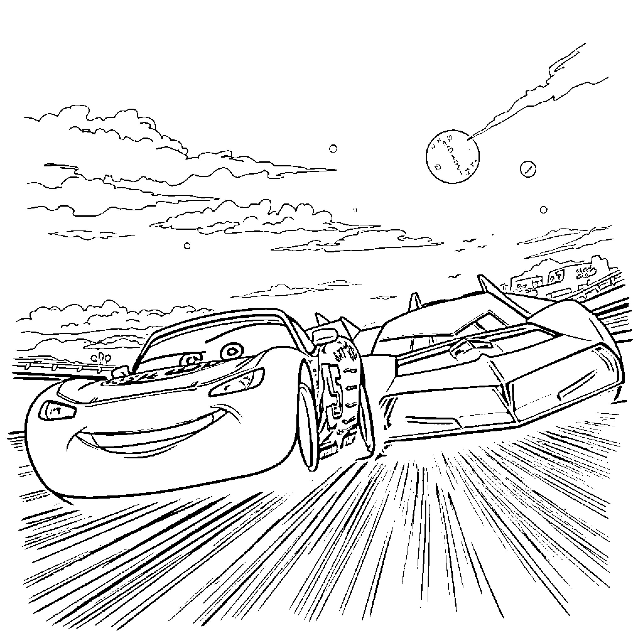 Car Racing on a Futuristic Track Coloring Page (free black-and-white line drawing printable PDF for all, from beginners to advanced learners, including children, teens, adults, and seniors)