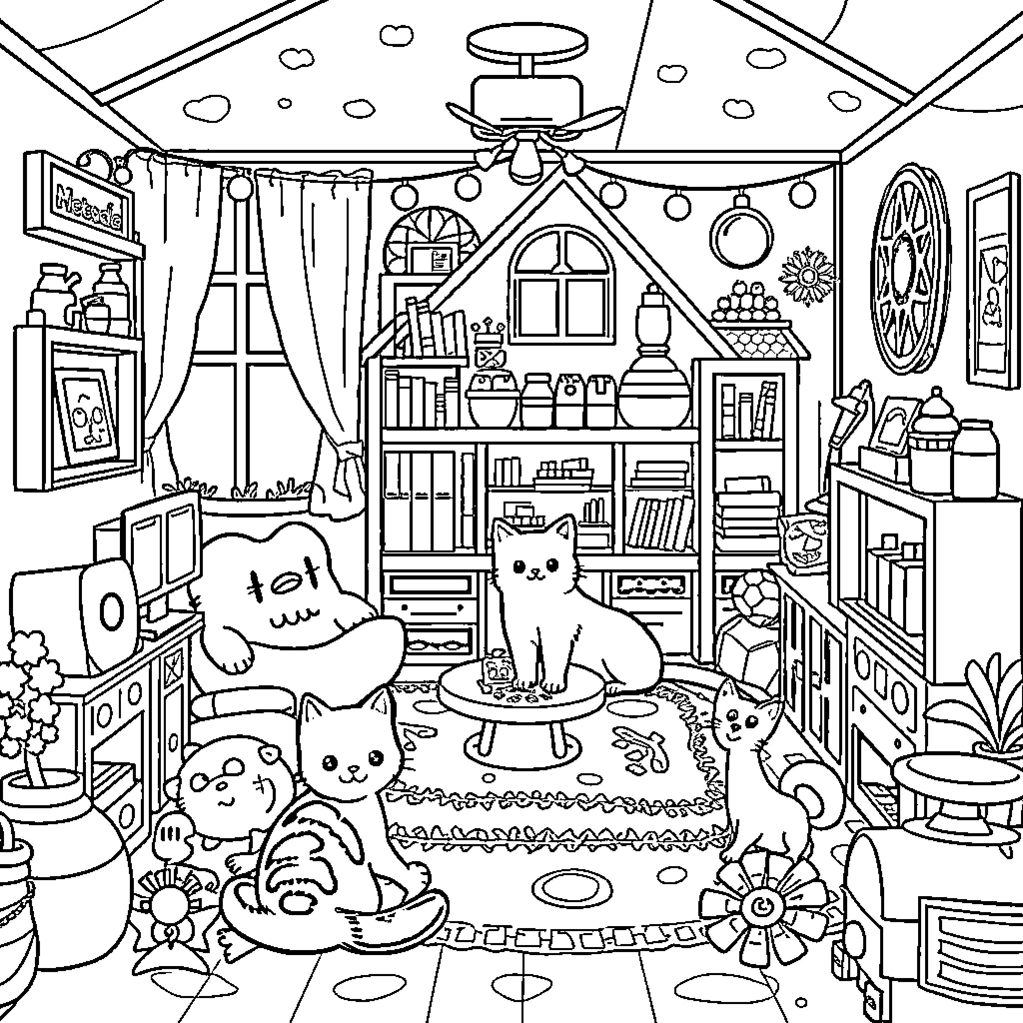 Gabby's Dollhouse: Cozy Feline Companions in a Whimsical Room Coloring Page (free black-and-white line drawing printable PDF for all, from beginners to advanced learners, including children, teens, adults, and seniors)
