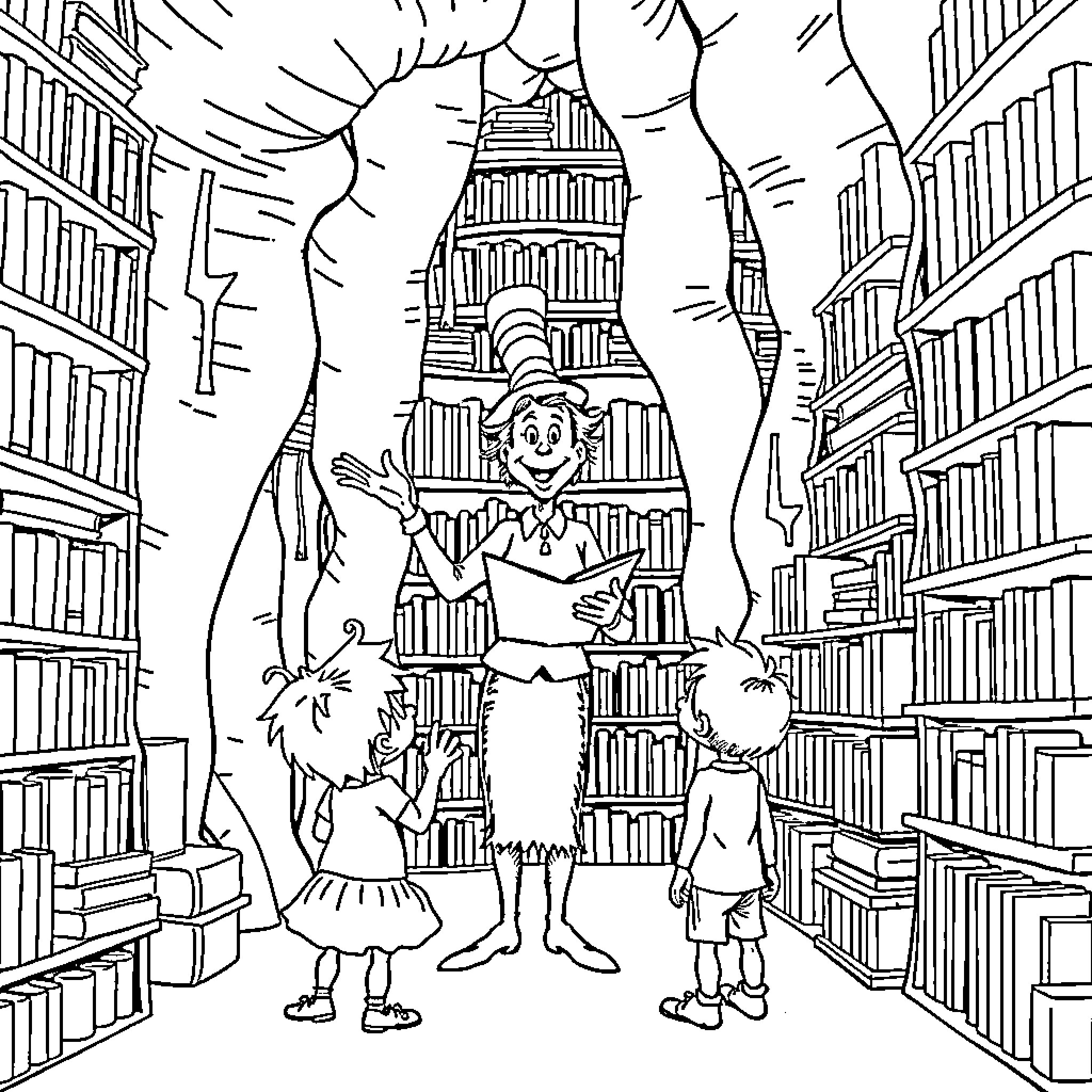 Librarian joyfully assisting children in a cozy library Coloring Page (free black-and-white line drawing printable PDF for all, from beginners to advanced learners, including children, teens, adults, and seniors)