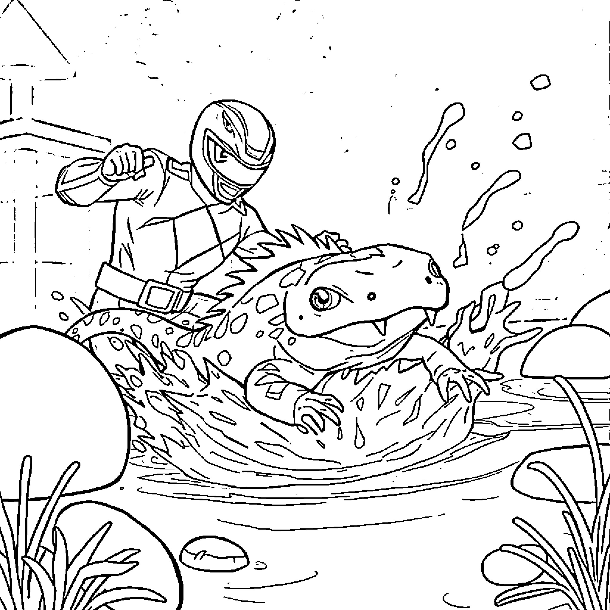 Axolotl riding a water scooter through the aquatic vegetation Coloring Page (free black-and-white line drawing printable PDF for all, from beginners to advanced learners, including children, teens, adults, and seniors)