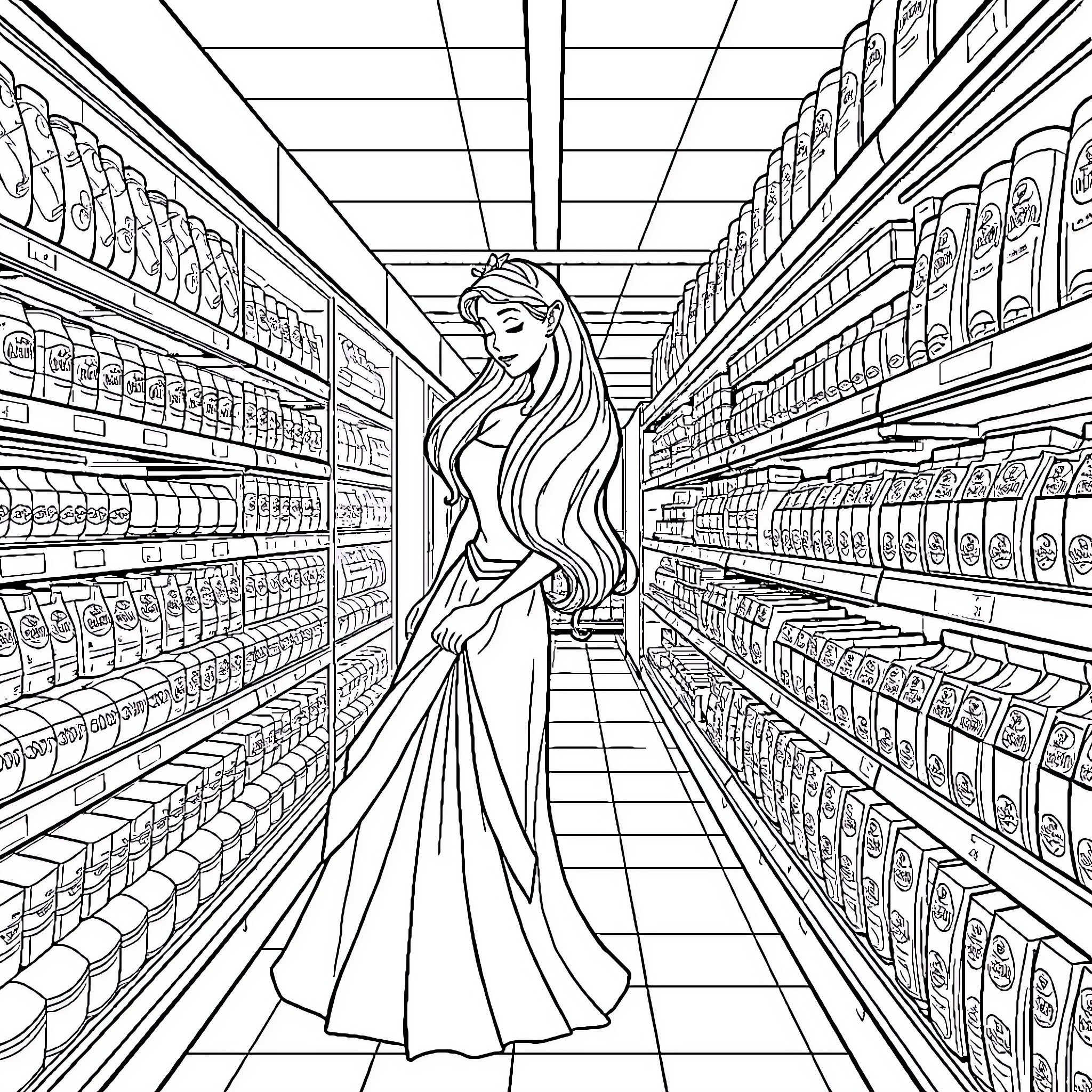 Sleeping Beauty shopping in the grocery store Coloring Page (free black-and-white line drawing printable PDF for all, from beginners to advanced learners, including children, teens, adults, and seniors)