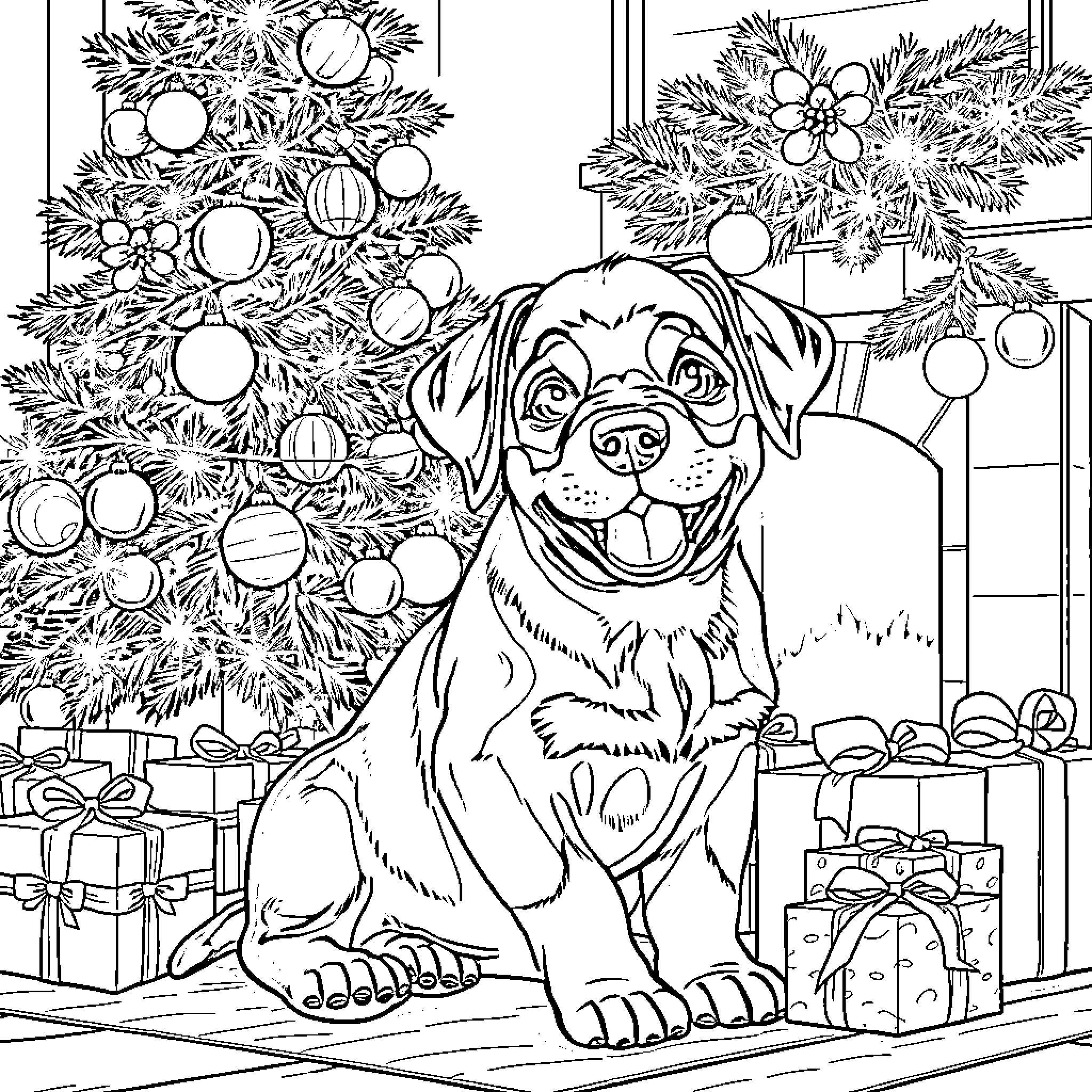 Rottweiler enjoying Christmas decorations Coloring Page (free black-and-white line drawing printable PDF for all, from beginners to advanced learners, including children, teens, adults, and seniors)