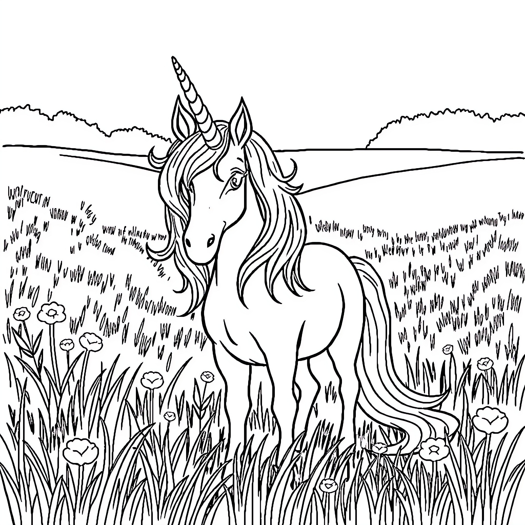 Unicorn standing gracefully in a meadow Coloring Page (free black-and-white line drawing printable PDF for all, from beginners to advanced learners, including children, teens, adults, and seniors)