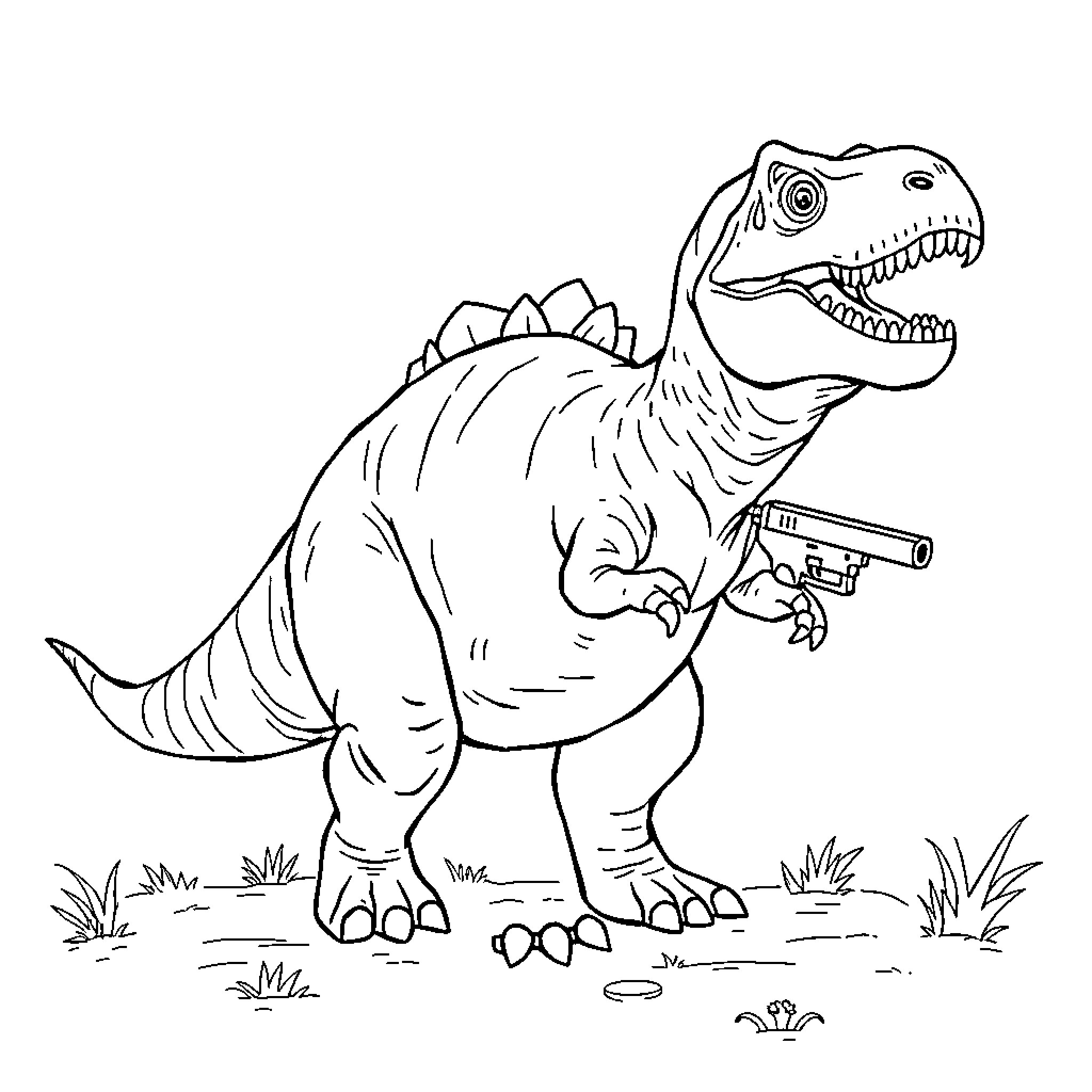 Tyrannosaurus roaring menacingly in the wild Coloring Page (free black-and-white line drawing printable PDF for all, from beginners to advanced learners, including children, teens, adults, and seniors)