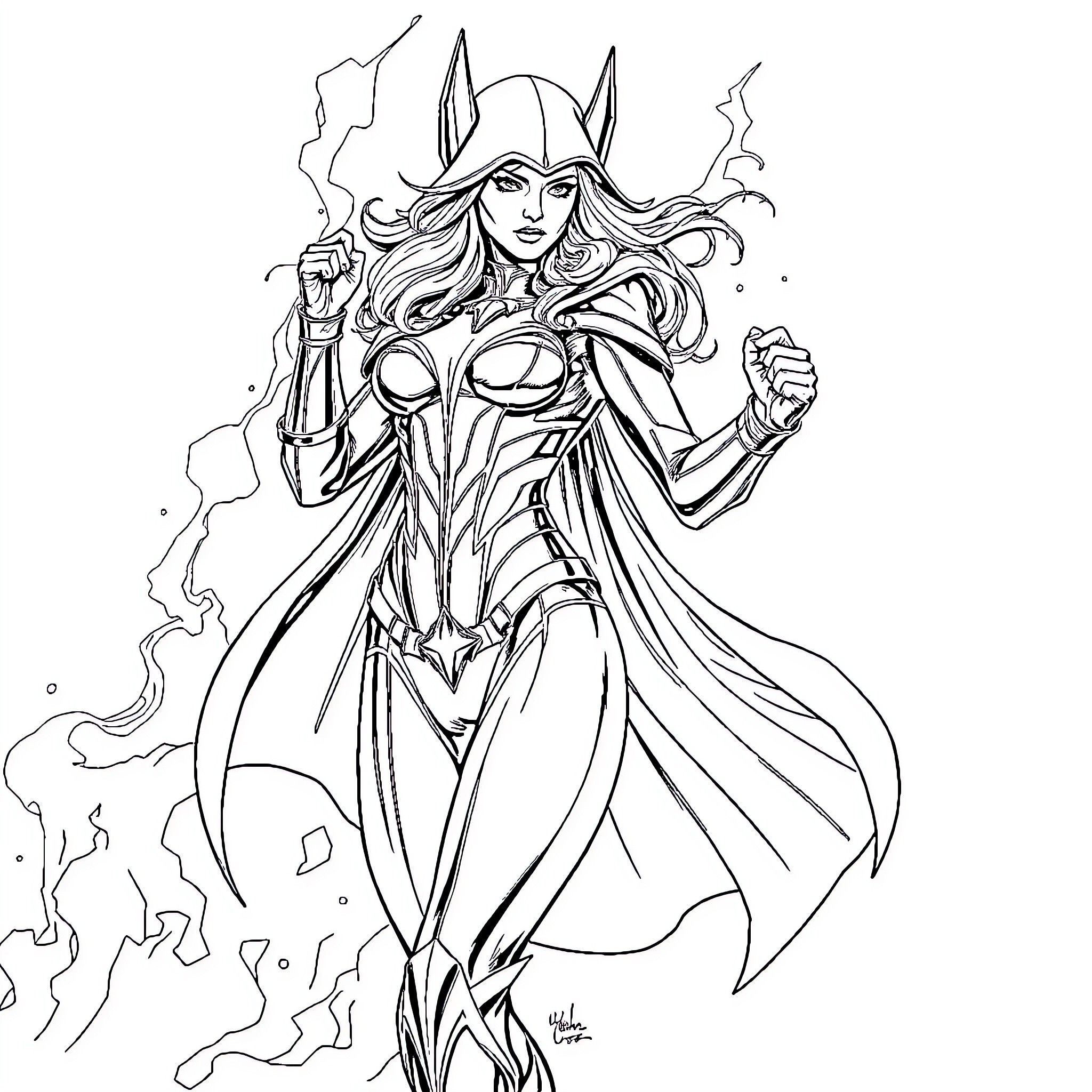 Scarlet Witch casting powerful spells with enchanting attire Coloring Page (free black-and-white line drawing printable PDF for all, from beginners to advanced learners, including children, teens, adults, and seniors)