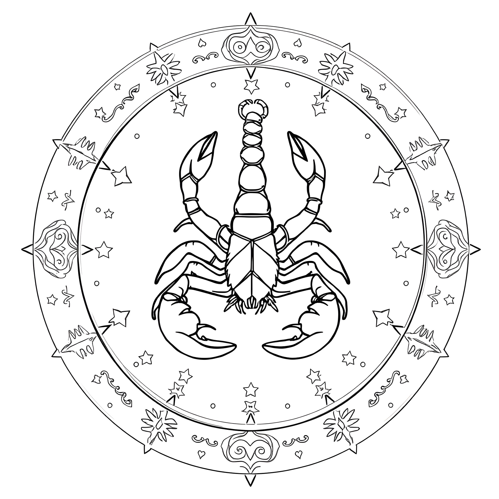 Scorpio zodiac sign with intricate celestial elements Coloring Page (free black-and-white line drawing printable PDF for all, from beginners to advanced learners, including children, teens, adults, and seniors)