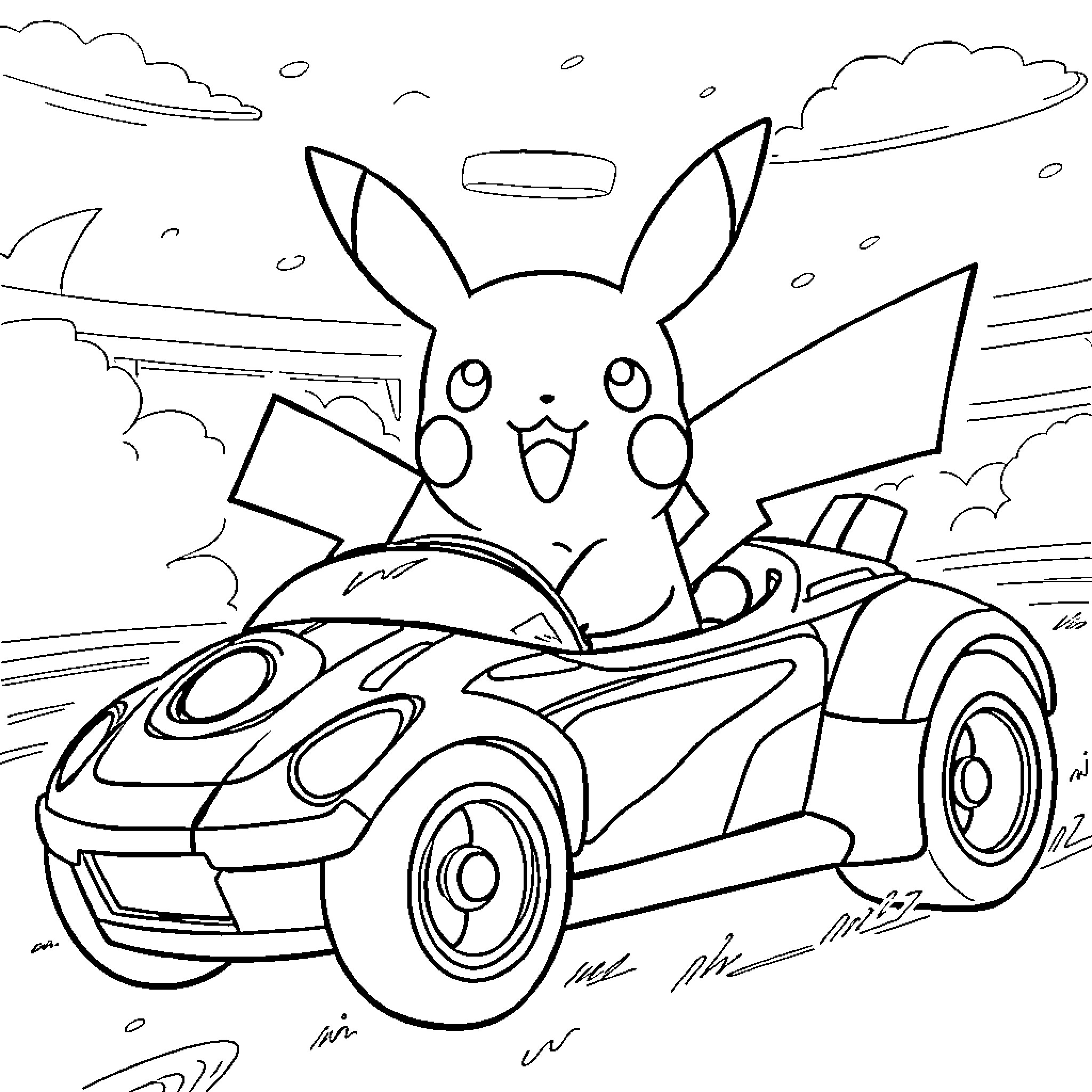 Pikachu happily driving a race car Coloring Page (free black-and-white line drawing printable PDF for all, from beginners to advanced learners, including children, teens, adults, and seniors)