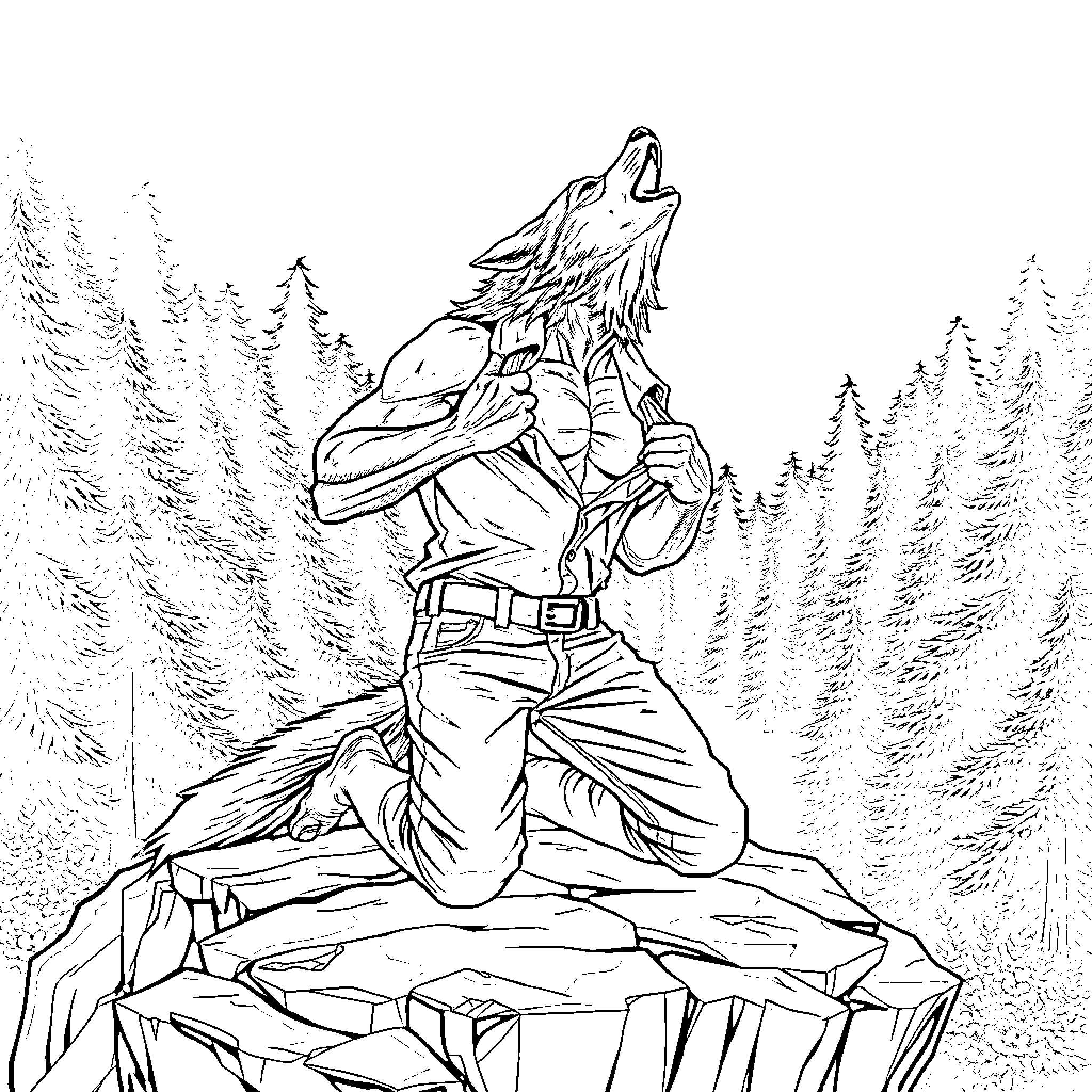 Wolf howling atop a rocky cliff Coloring Page (free black-and-white line drawing printable PDF for all, from beginners to advanced learners, including children, teens, adults, and seniors)