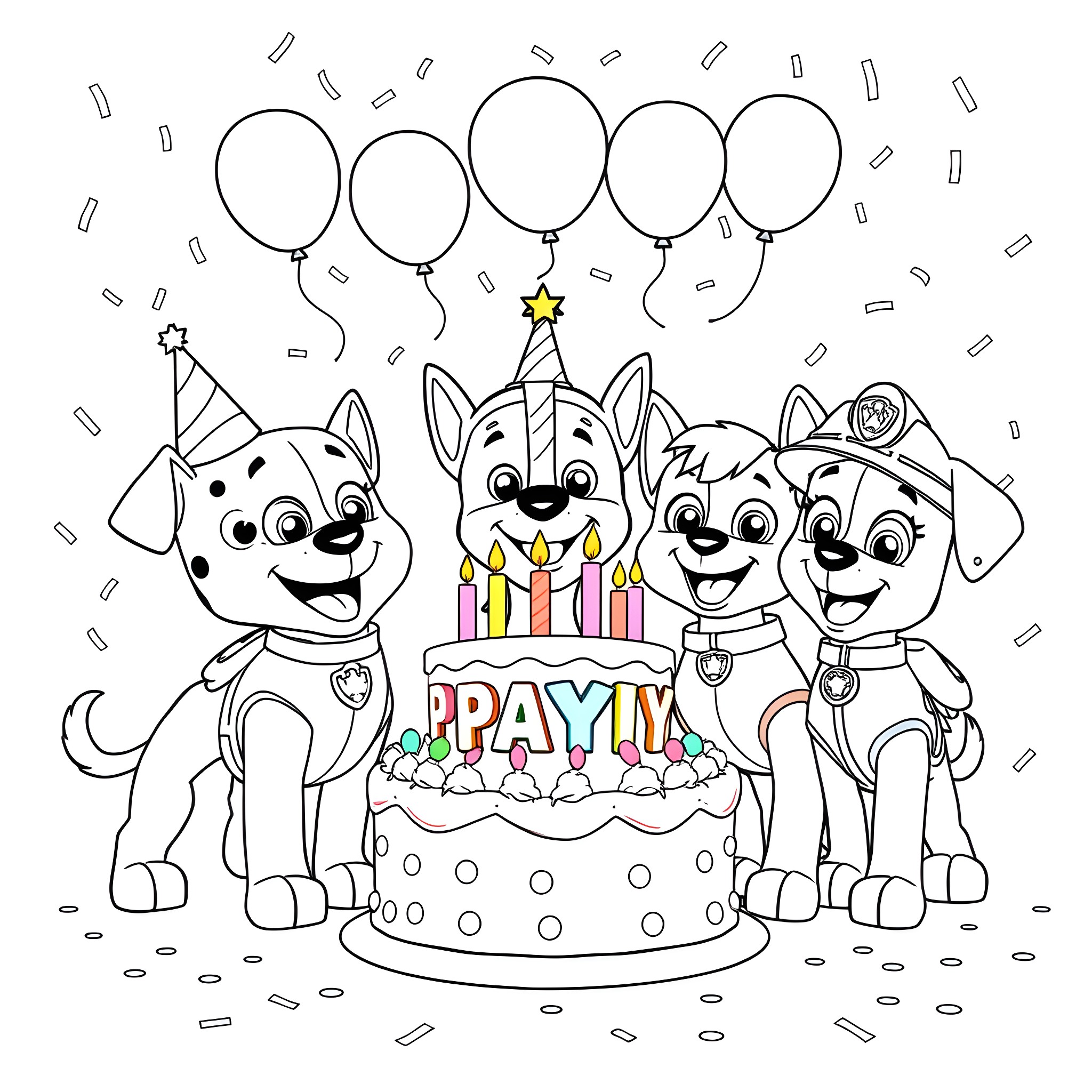 Paw Patrol Celebrate Birthday with Cake and Balloons Coloring Page (free black-and-white line drawing printable PDF for all, from beginners to advanced learners, including children, teens, adults, and seniors)