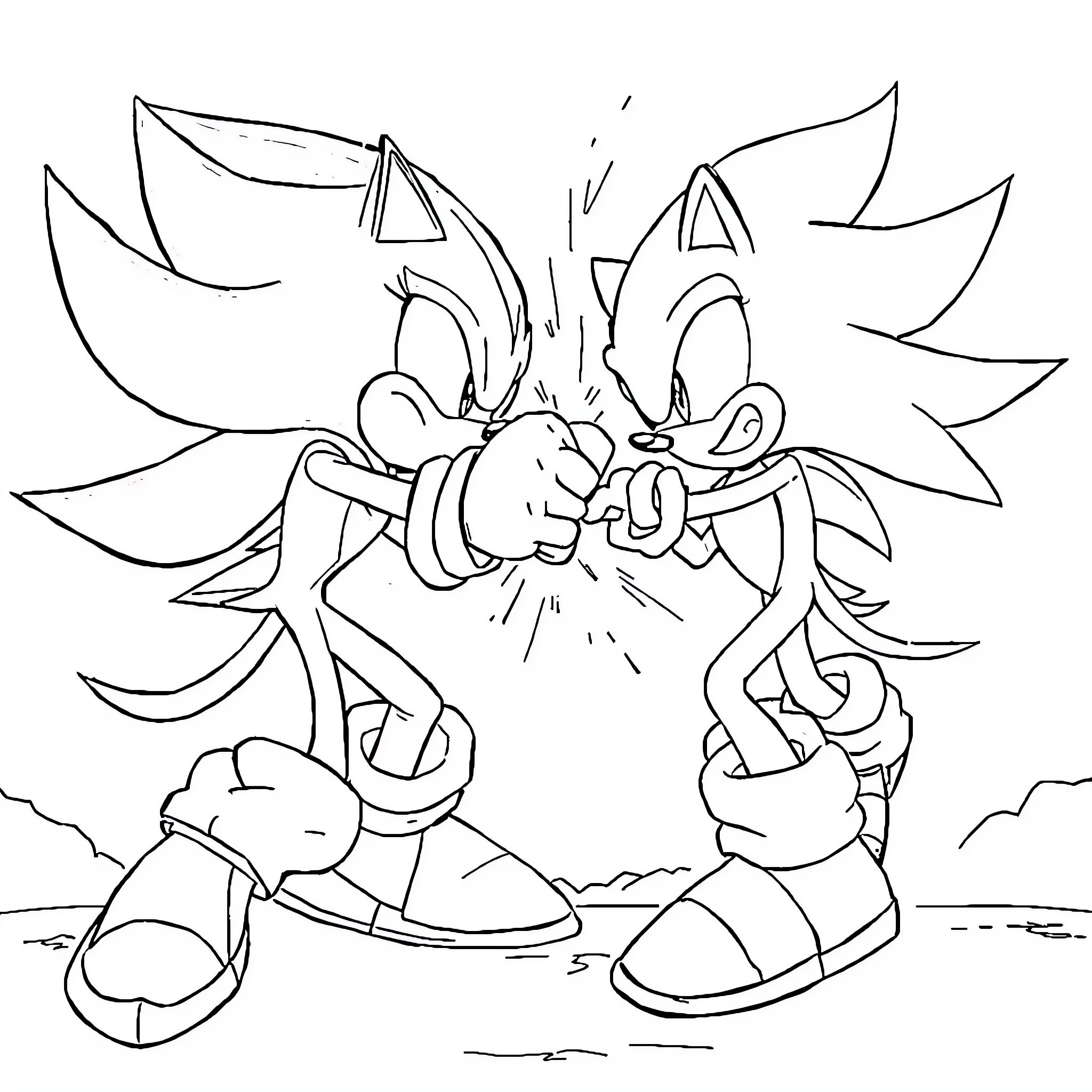 Sonic characters engage in intense combat Coloring Page (free black-and-white line drawing printable PDF for all, from beginners to advanced learners, including children, teens, adults, and seniors)