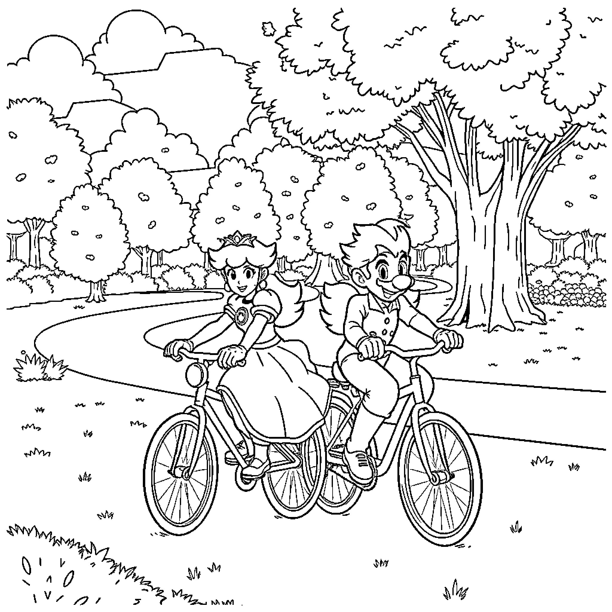Princess Peach and companions go on a joyful bike ride Coloring Page (free black-and-white line drawing printable PDF for all, from beginners to advanced learners, including children, teens, adults, and seniors)