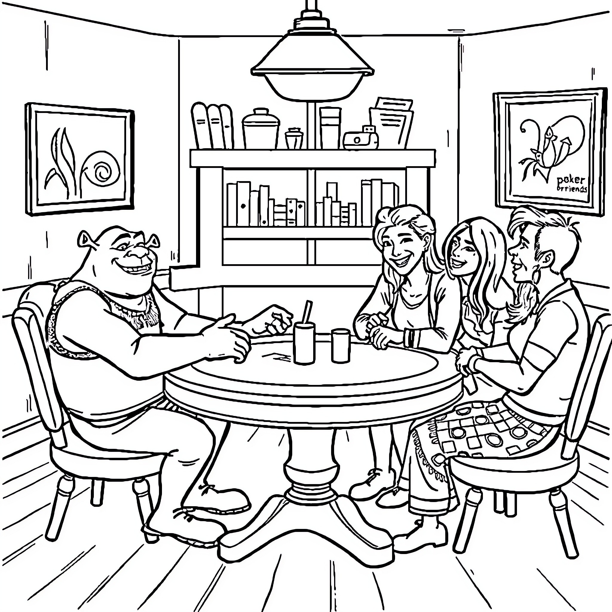 Shrek and Friends Enjoying a Cozy Gathering Coloring Page (free black-and-white line drawing printable PDF for all, from beginners to advanced learners, including children, teens, adults, and seniors)