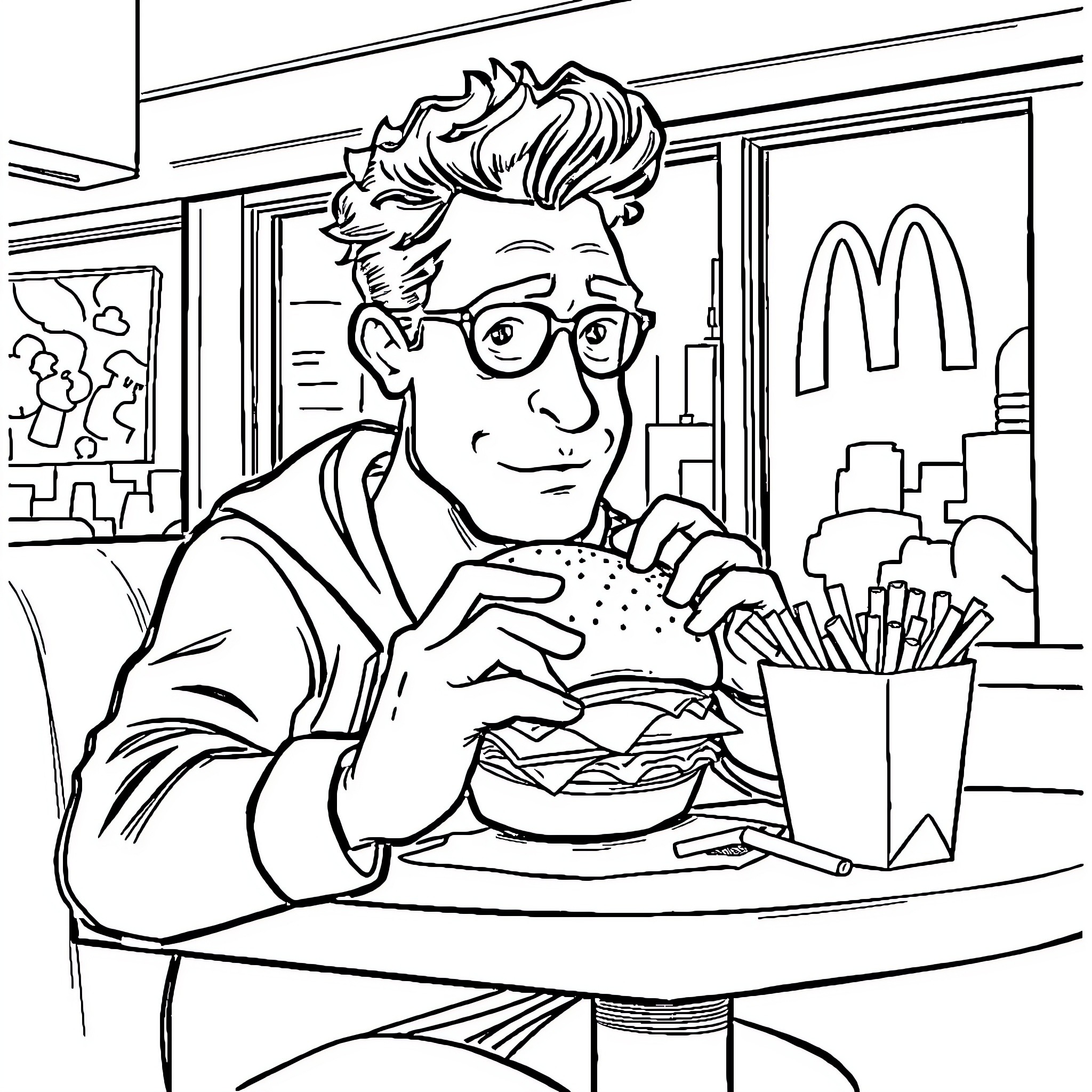 Stephane Curry enjoying a meal at a fast food restaurant Coloring Page (free black-and-white line drawing printable PDF for all, from beginners to advanced learners, including children, teens, adults, and seniors)