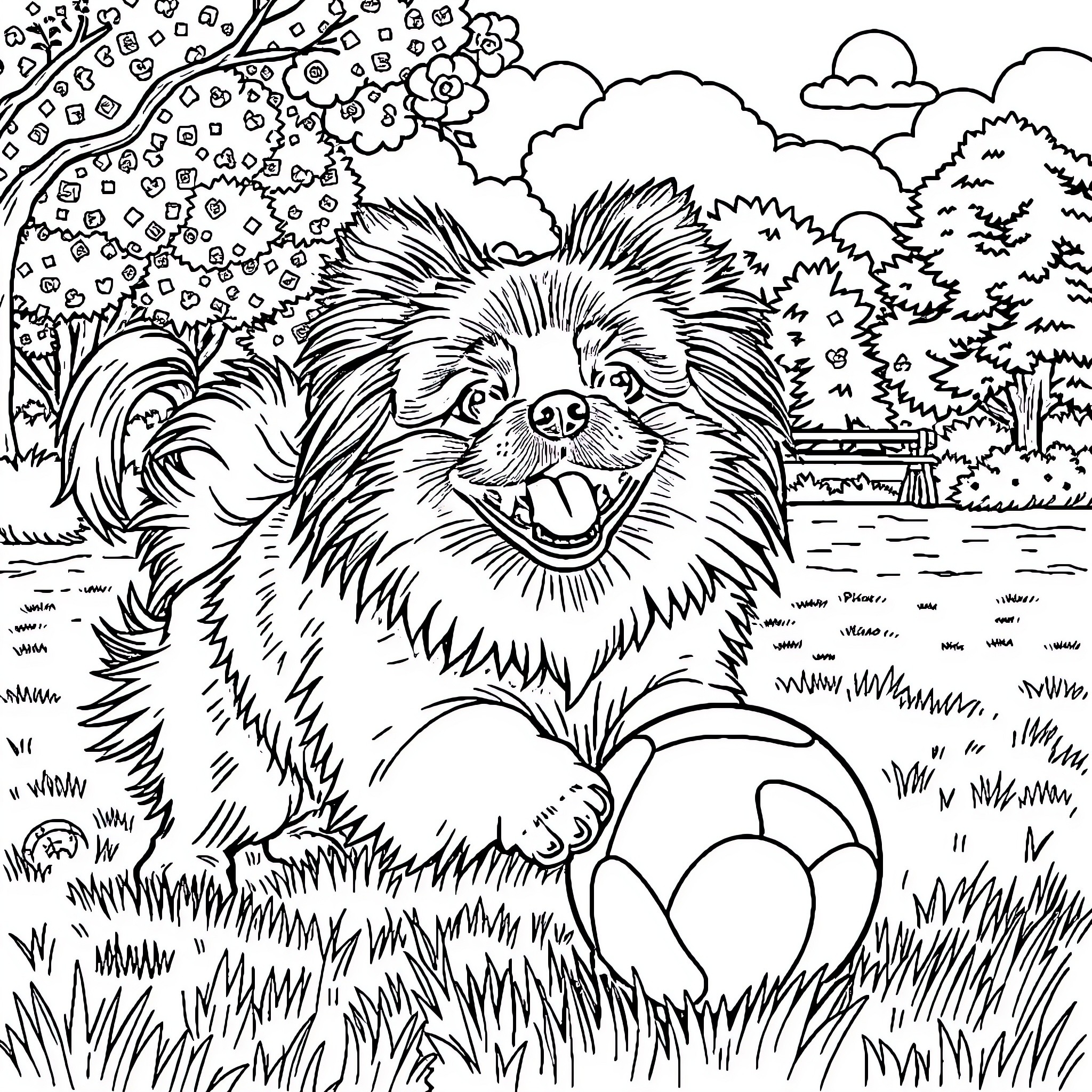 Pekinese dog playing joyfully in nature Coloring Page (free black-and-white line drawing printable PDF for all, from beginners to advanced learners, including children, teens, adults, and seniors)