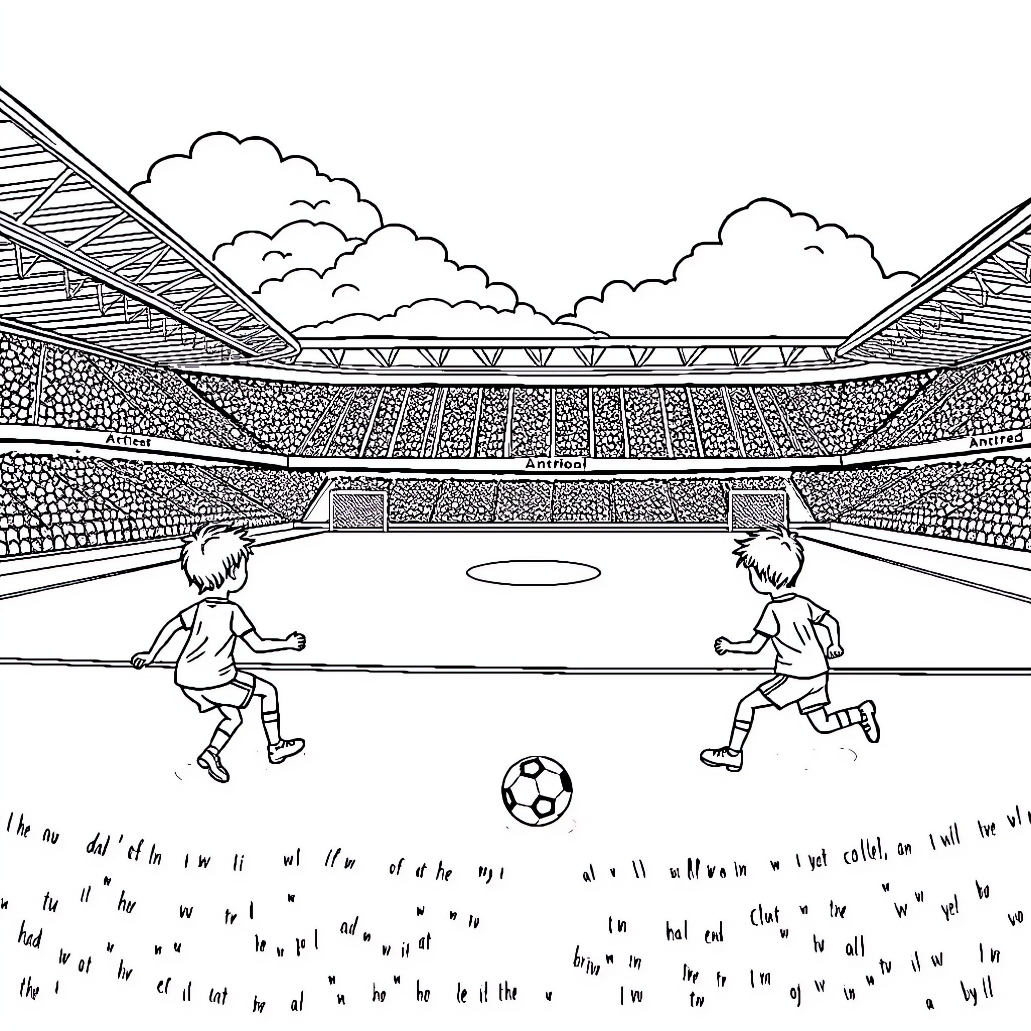 Soccer players competing on a stadium field Coloring Page (free black-and-white line drawing printable PDF for all, from beginners to advanced learners, including children, teens, adults, and seniors)