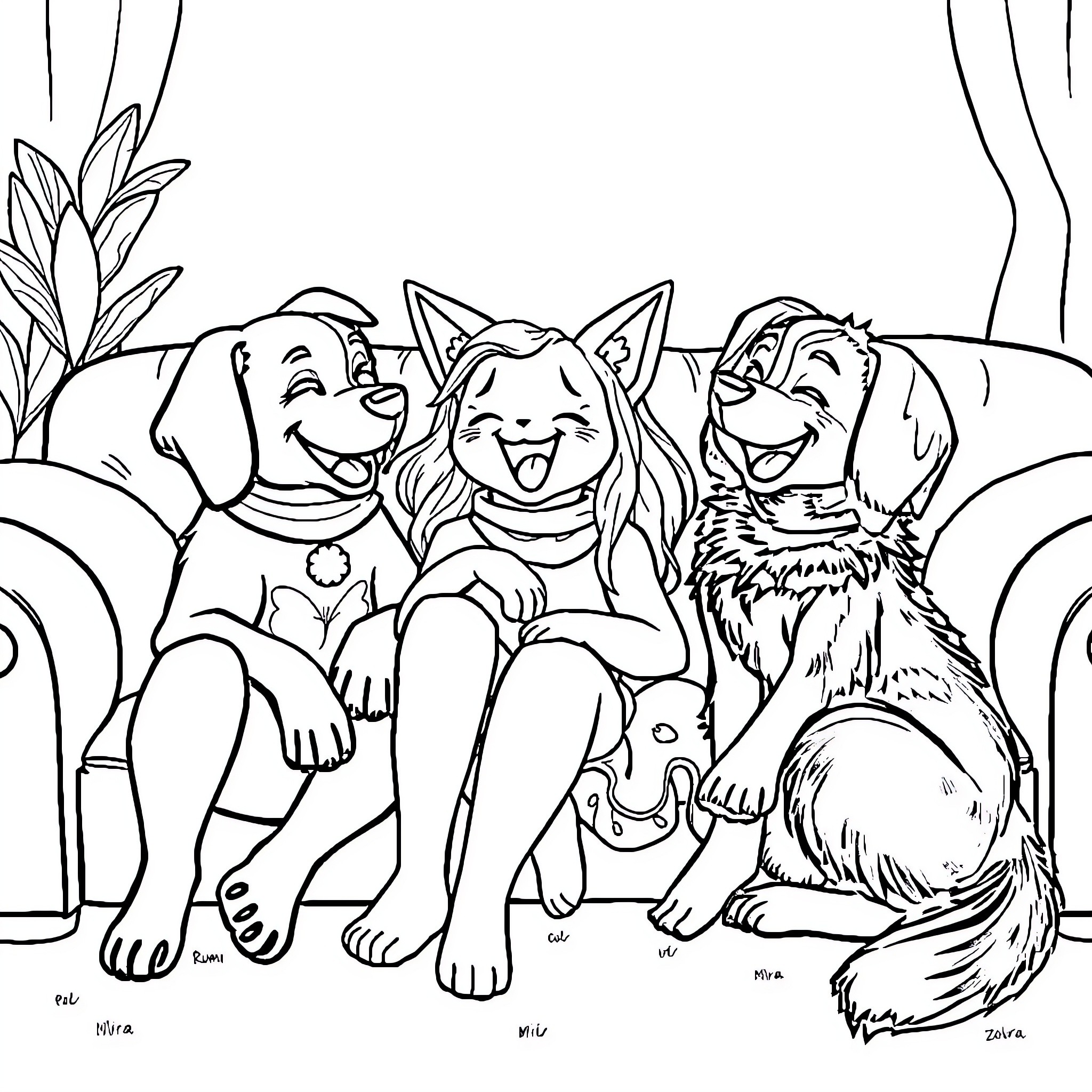 Rumi and friends enjoying a playful moment together Coloring Page (free black-and-white line drawing printable PDF for all, from beginners to advanced learners, including children, teens, adults, and seniors)