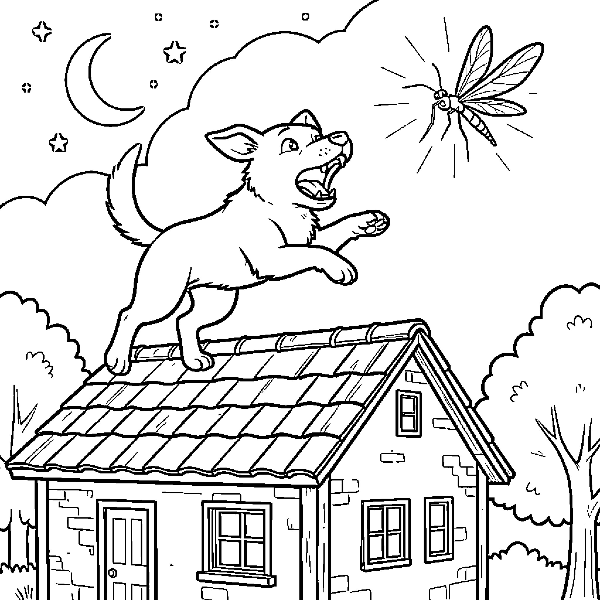 Perro playing on the roof at night Coloring Page (free black-and-white line drawing printable PDF for all, from beginners to advanced learners, including children, teens, adults, and seniors)