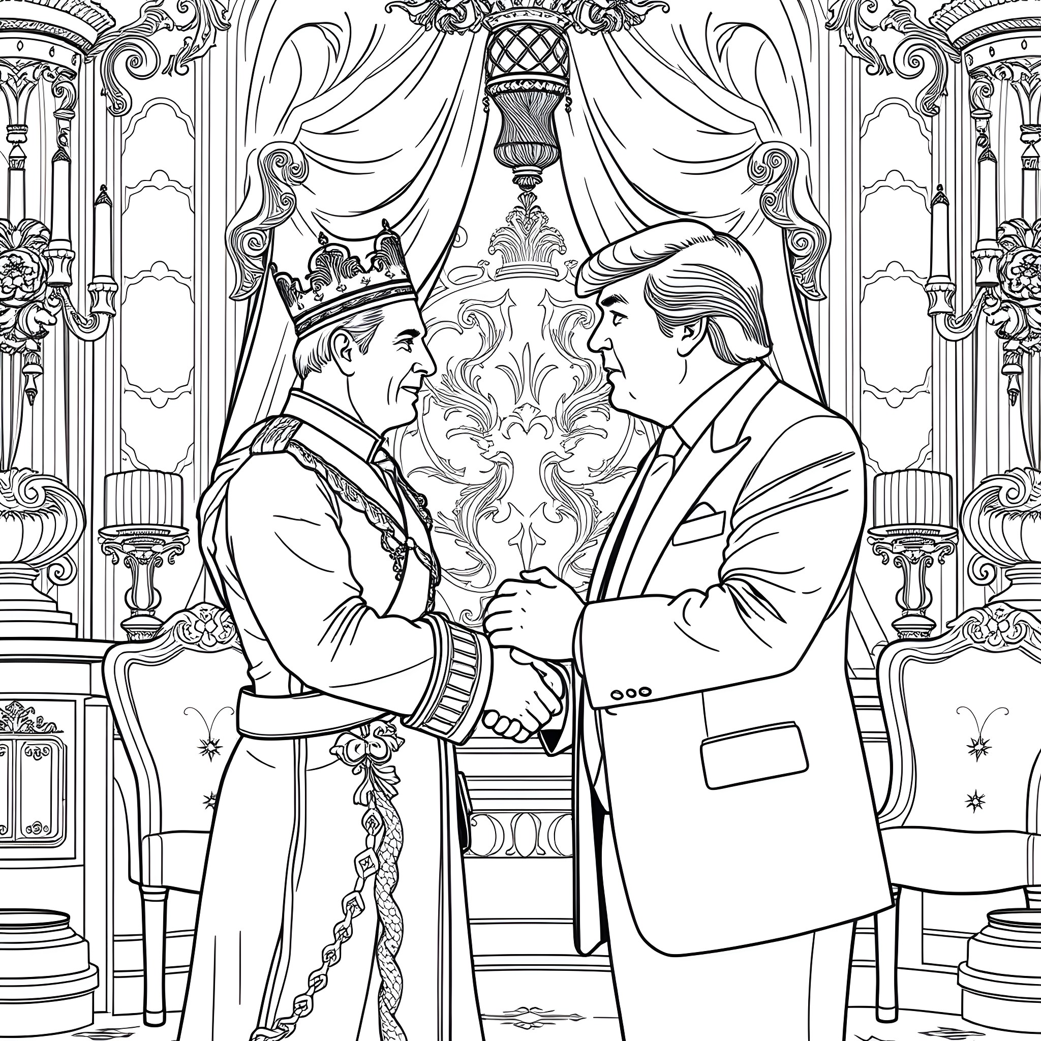 King's Formal Handshake in Ornate Palace Coloring Page (free black-and-white line drawing printable PDF for all, from beginners to advanced learners, including children, teens, adults, and seniors)