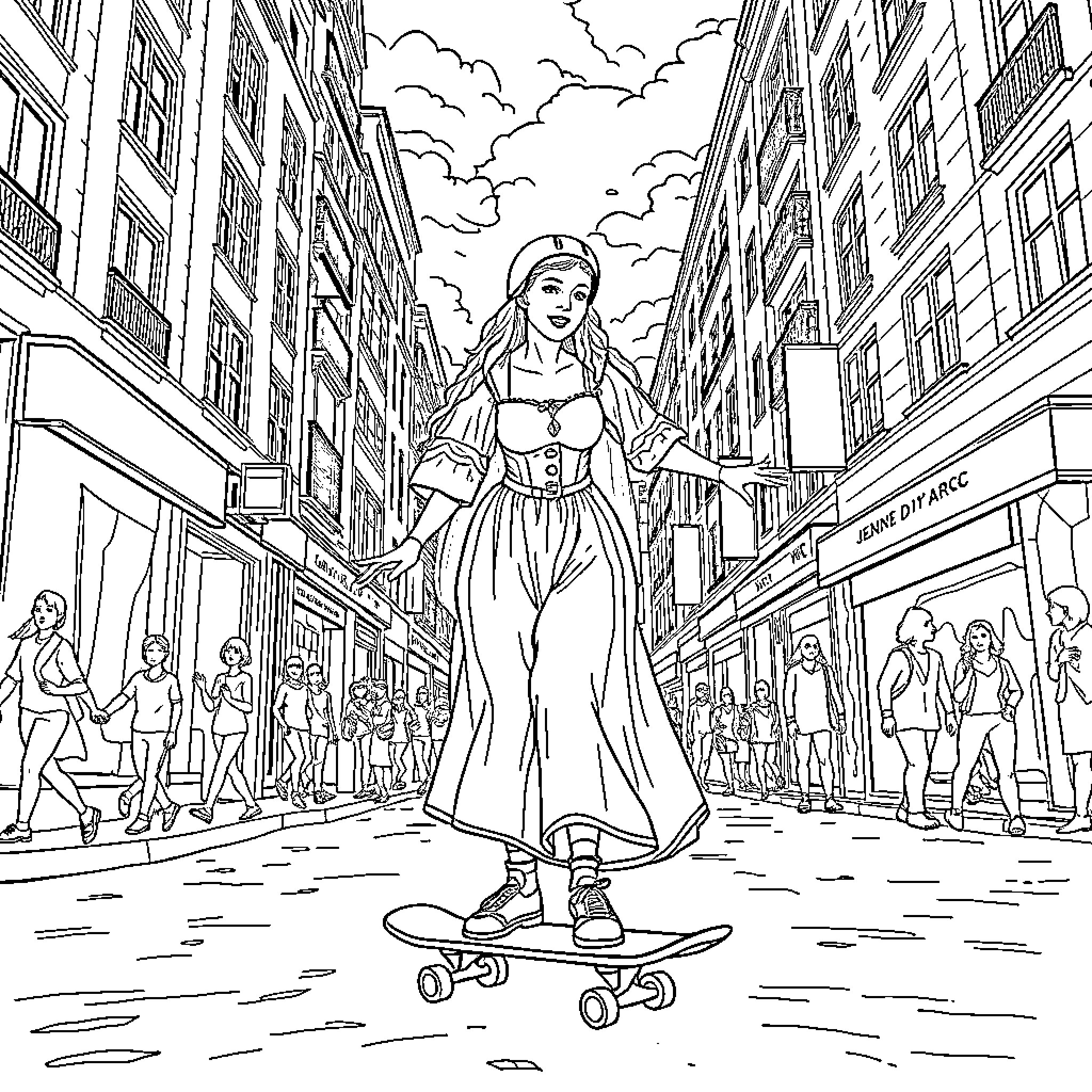 Jeanne d'Arc Riding a Skateboard in the City Coloring Page (free black-and-white line drawing printable PDF for all, from beginners to advanced learners, including children, teens, adults, and seniors)