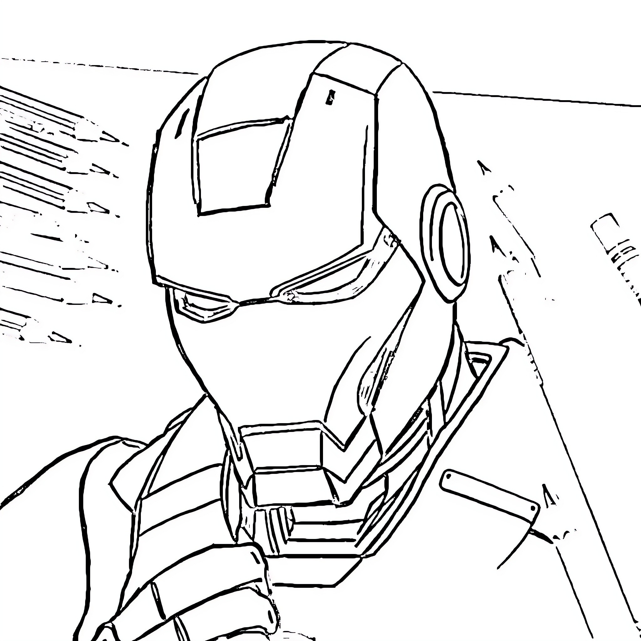Iron Man in heroic action stance Coloring Page (free black-and-white line drawing printable PDF for all, from beginners to advanced learners, including children, teens, adults, and seniors)