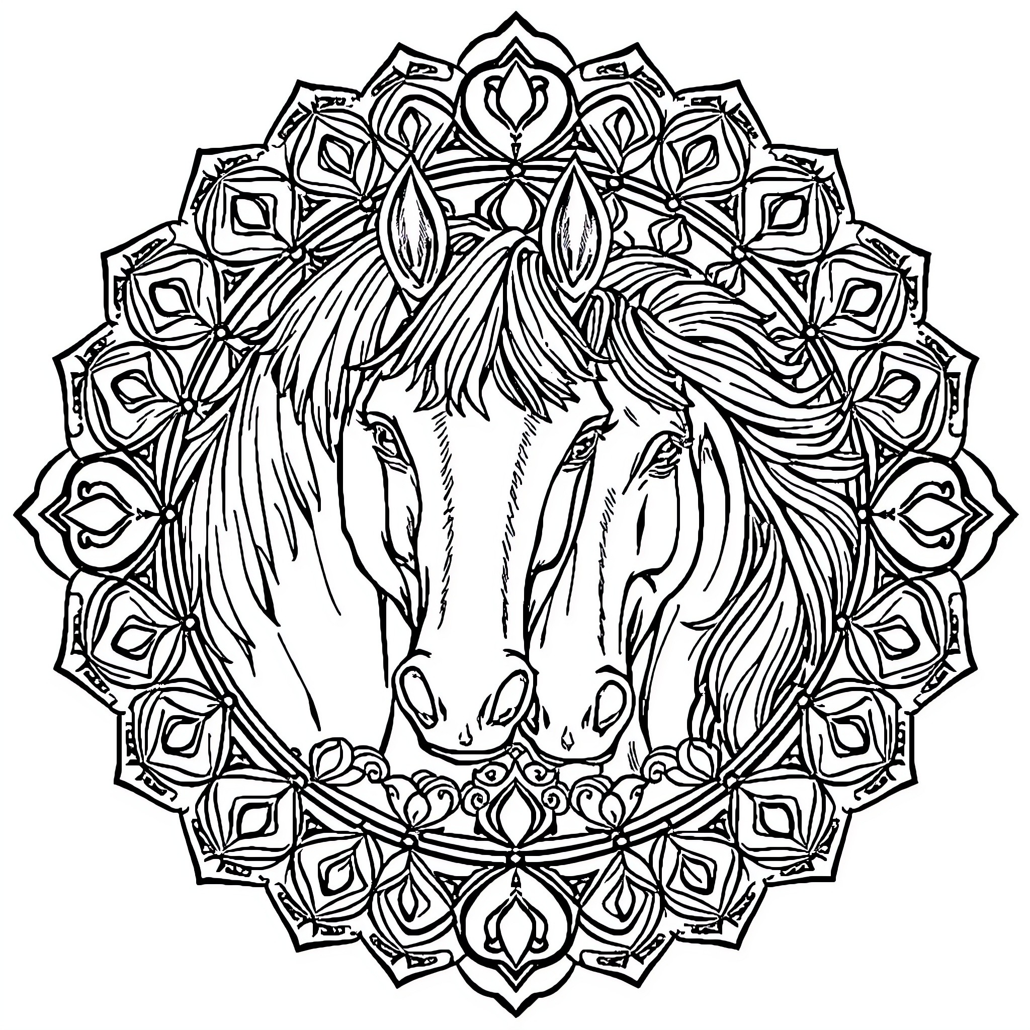 Horse heads in ornate mandala pattern Coloring Page (free black-and-white line drawing printable PDF for all, from beginners to advanced learners, including children, teens, adults, and seniors)