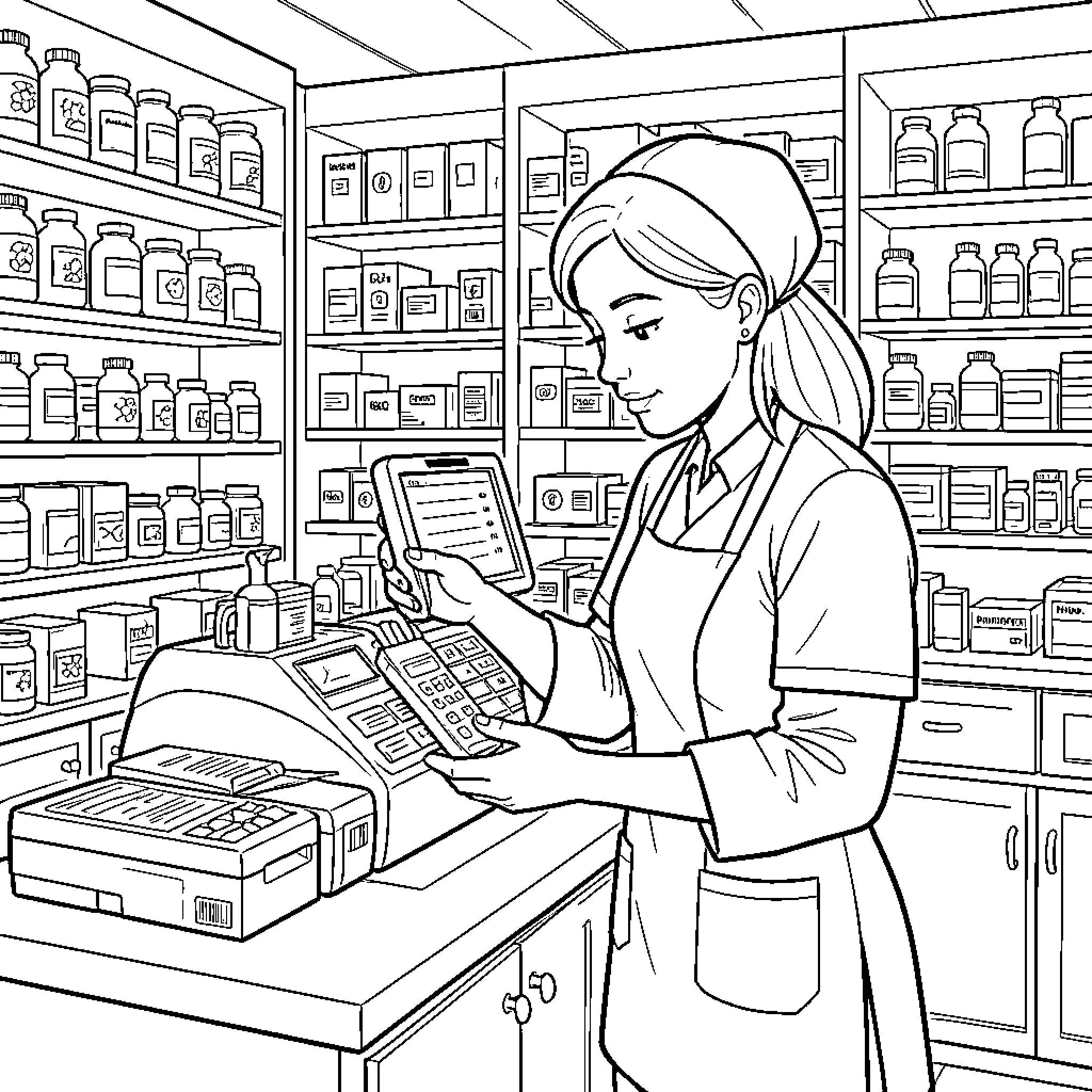 Pharmacist using a digital tablet and cash register Coloring Page (free black-and-white line drawing printable PDF for all, from beginners to advanced learners, including children, teens, adults, and seniors)