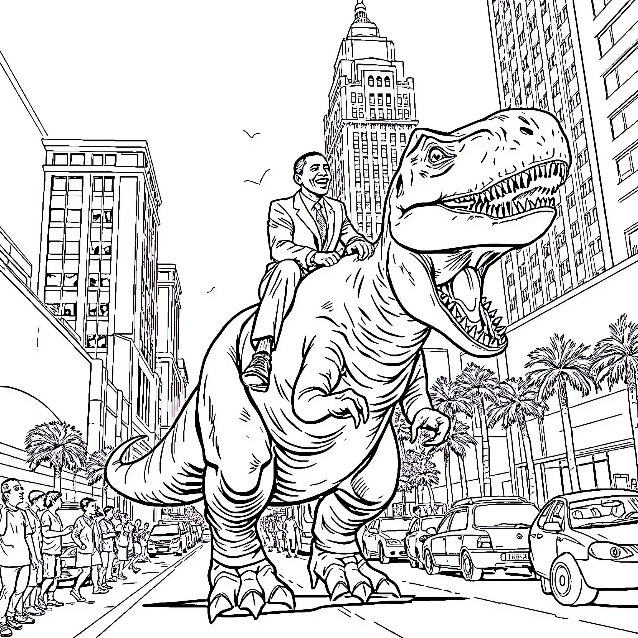 Obama rides a giant dinosaur through a bustling city Coloring Page (free black-and-white line drawing printable PDF for all, from beginners to advanced learners, including children, teens, adults, and seniors)