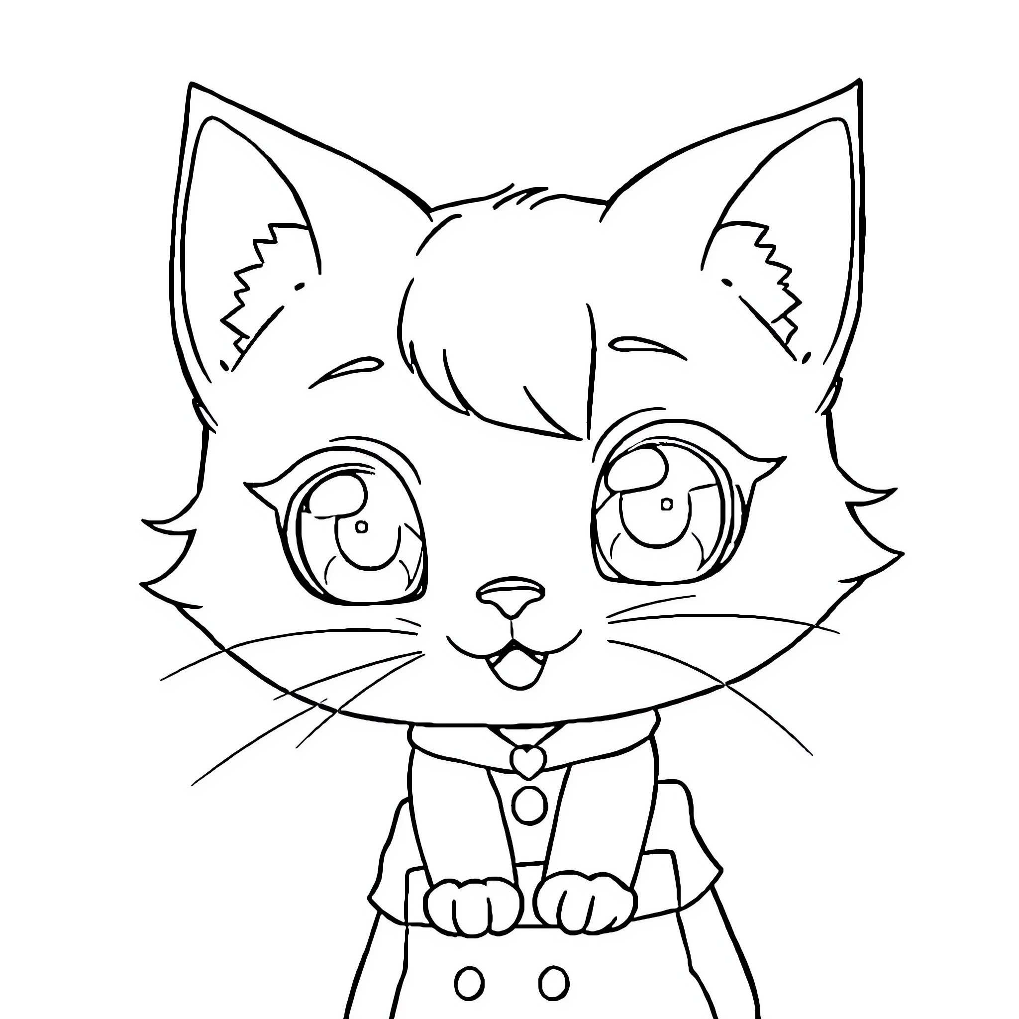 Cat Girl in Cute Outfit Coloring Page (free black-and-white line drawing printable PDF for all, from beginners to advanced learners, including children, teens, adults, and seniors)
