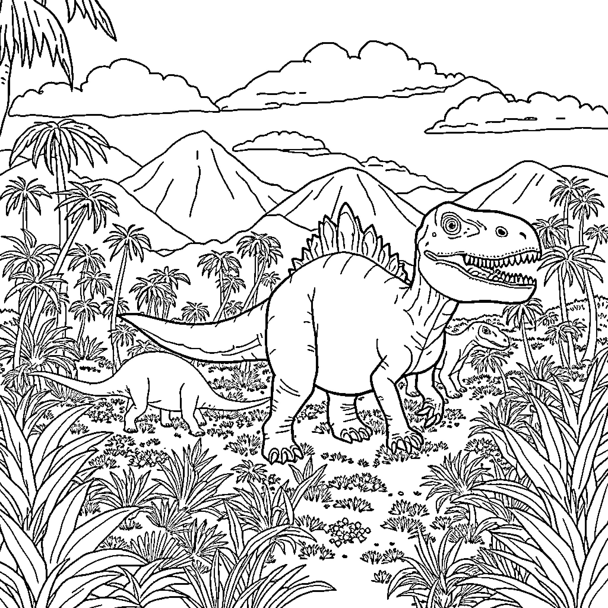 Dinosaur exploring prehistoric landscape Coloring Page (free black-and-white line drawing printable PDF for all, from beginners to advanced learners, including children, teens, adults, and seniors)